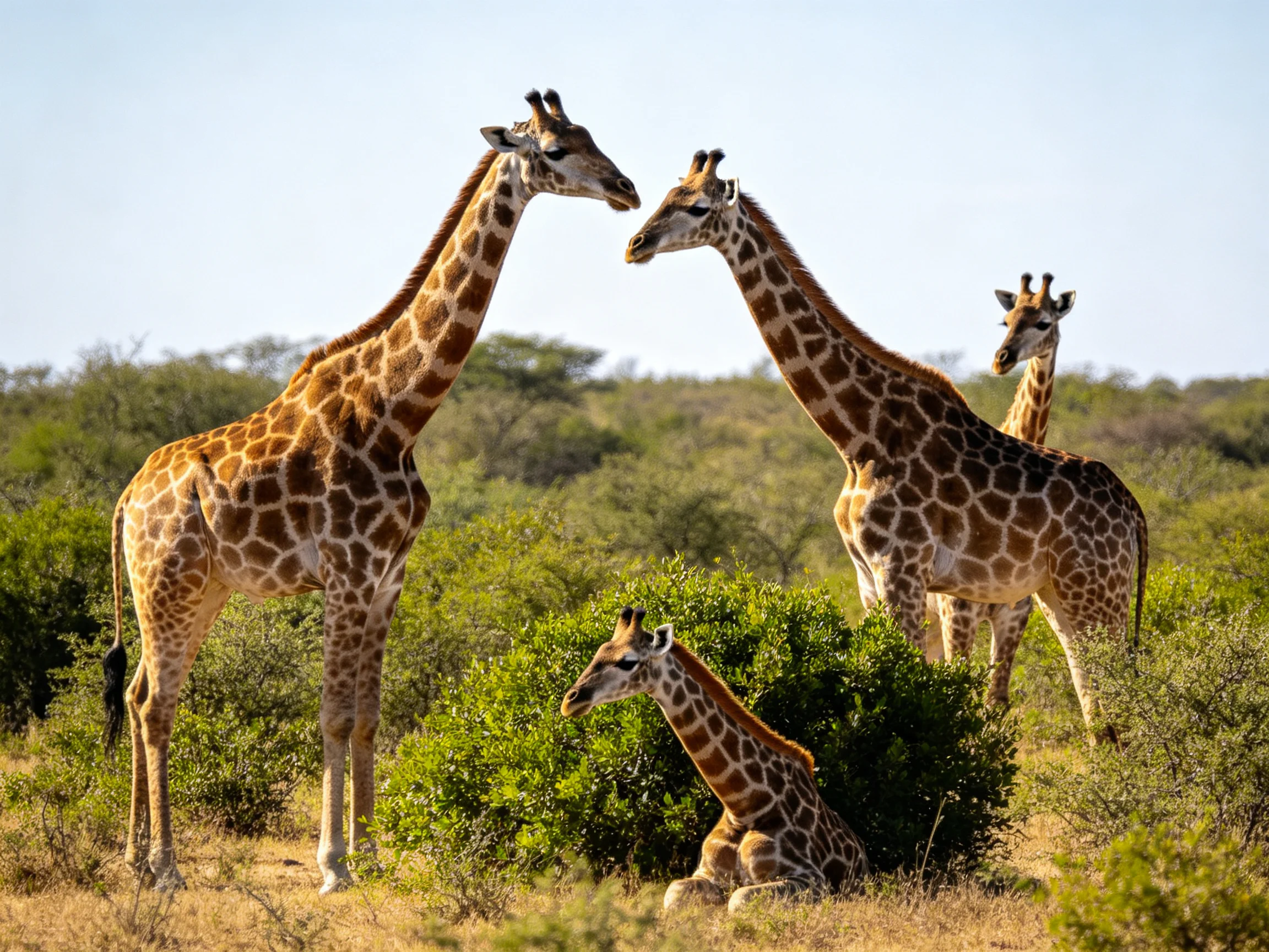 Four giraffes with brown-spotted coats near green bushes