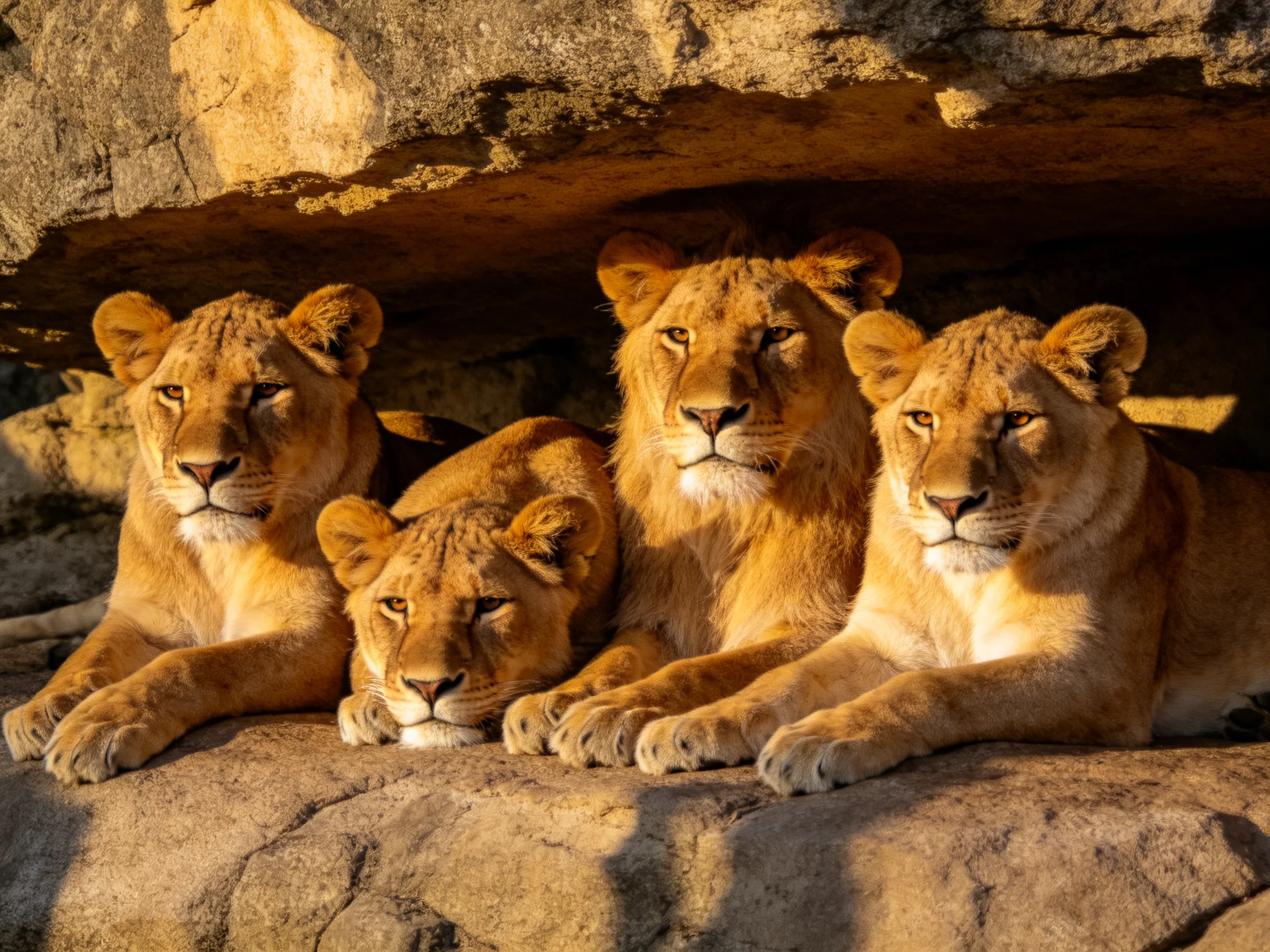 Four golden lionesses rest closely grouped under rocky cover.