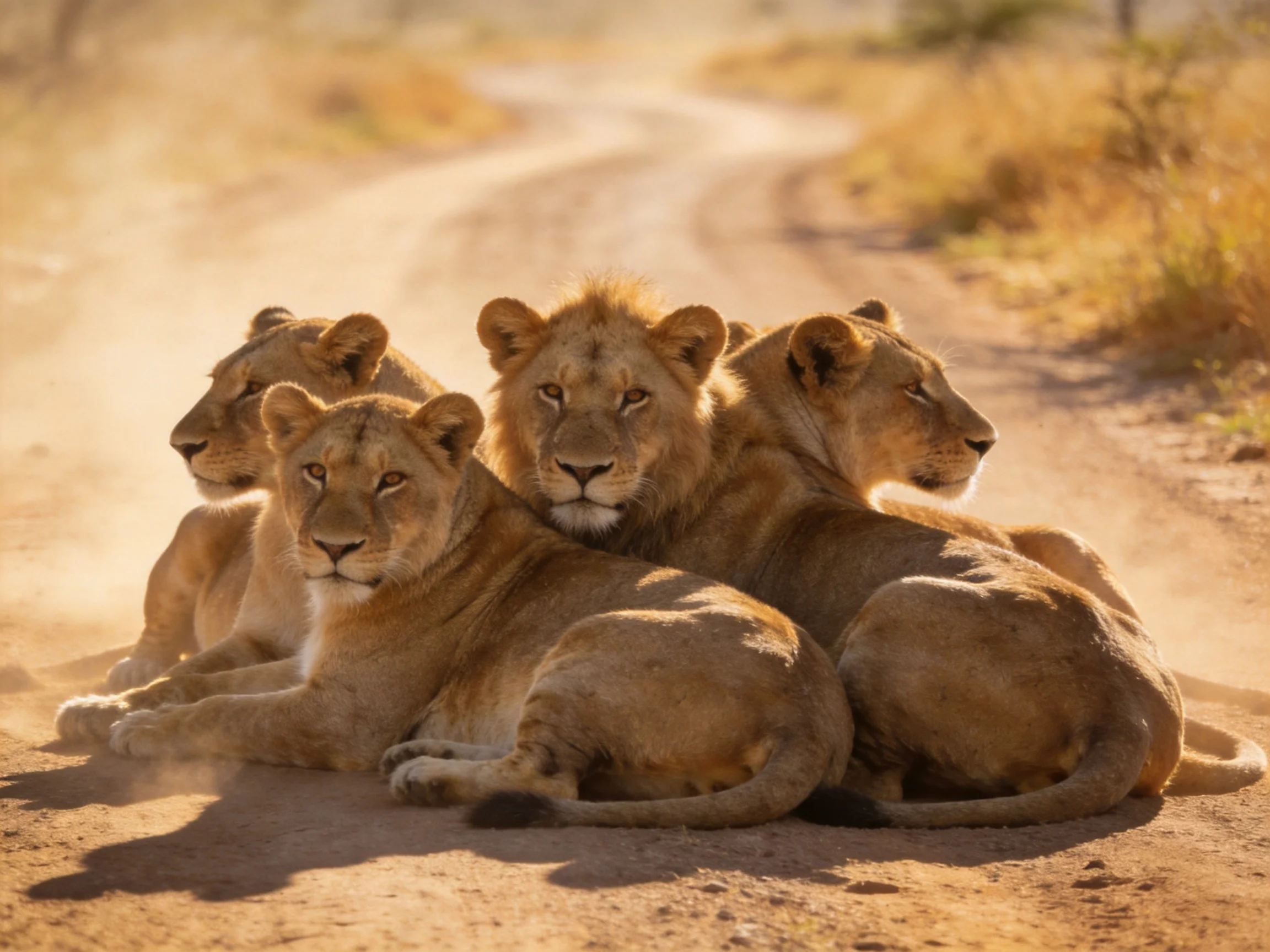Four golden lions rest together on a dusty savannah path