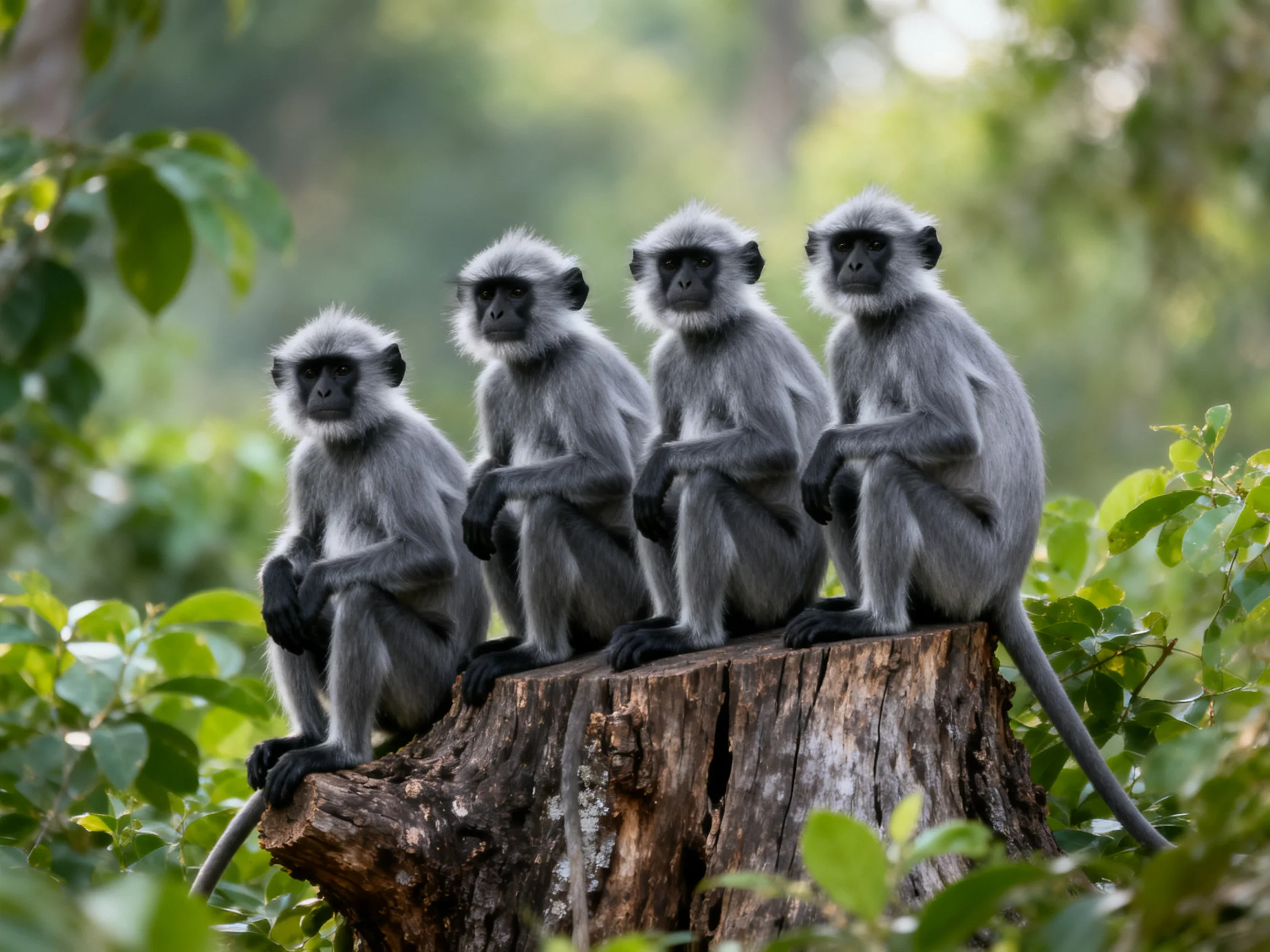 Four gray langurs sit on a weathered tree stump amid lush greenery