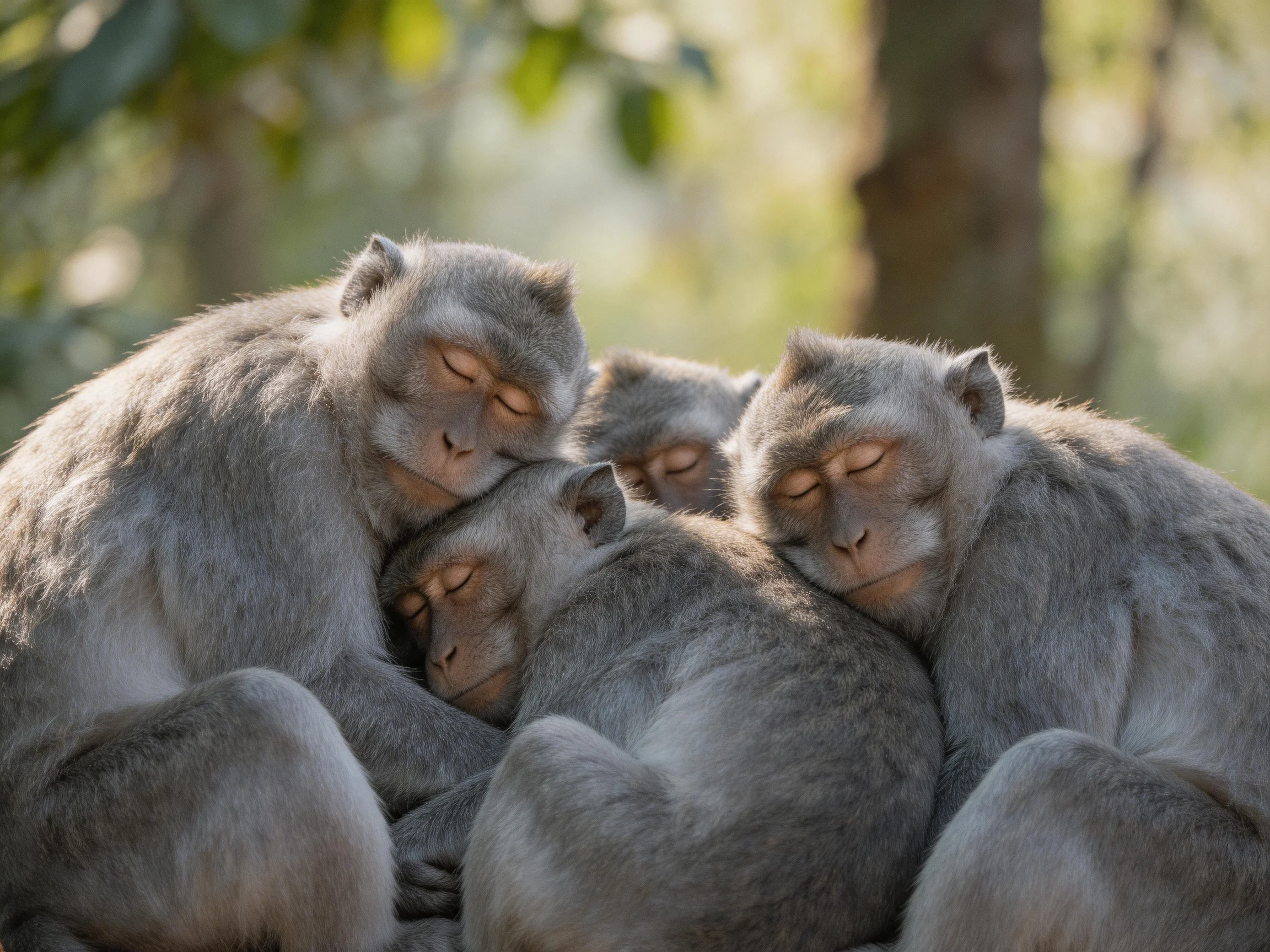 Four gray monkeys cuddle together in a sun-dappled forest