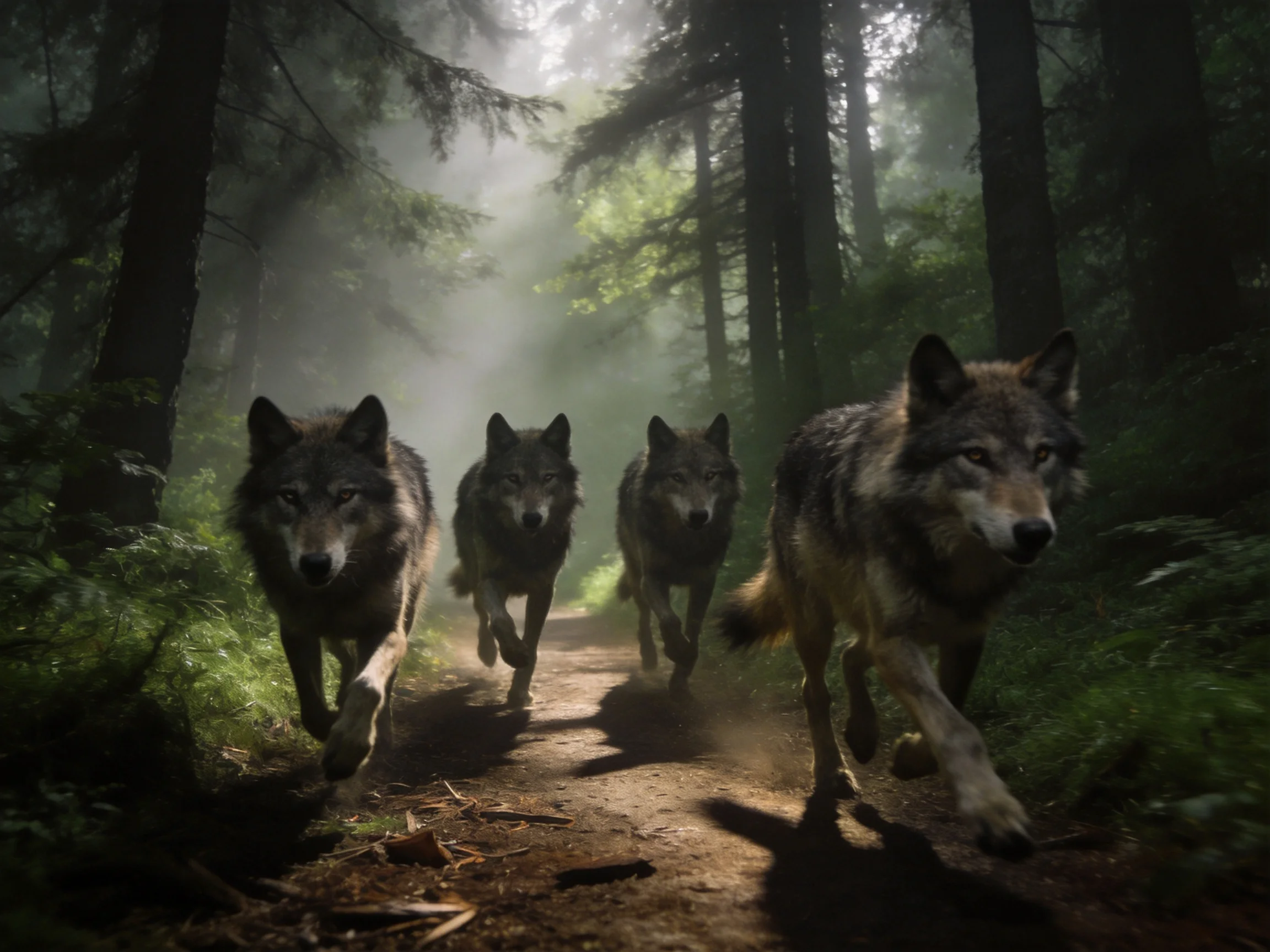 Four gray wolves run along a misty forest trail