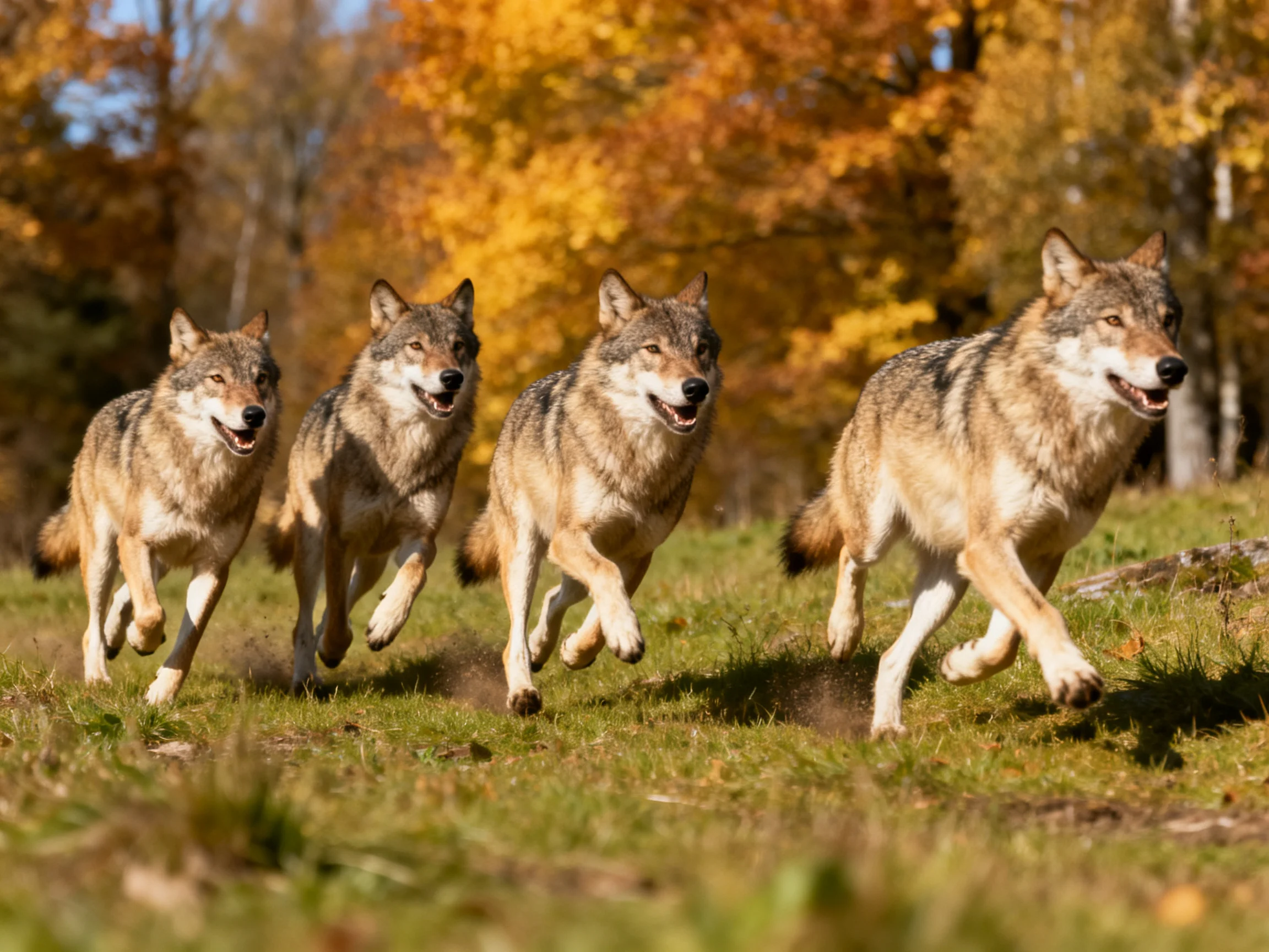 Four gray wolves run through an autumn forest with golden trees