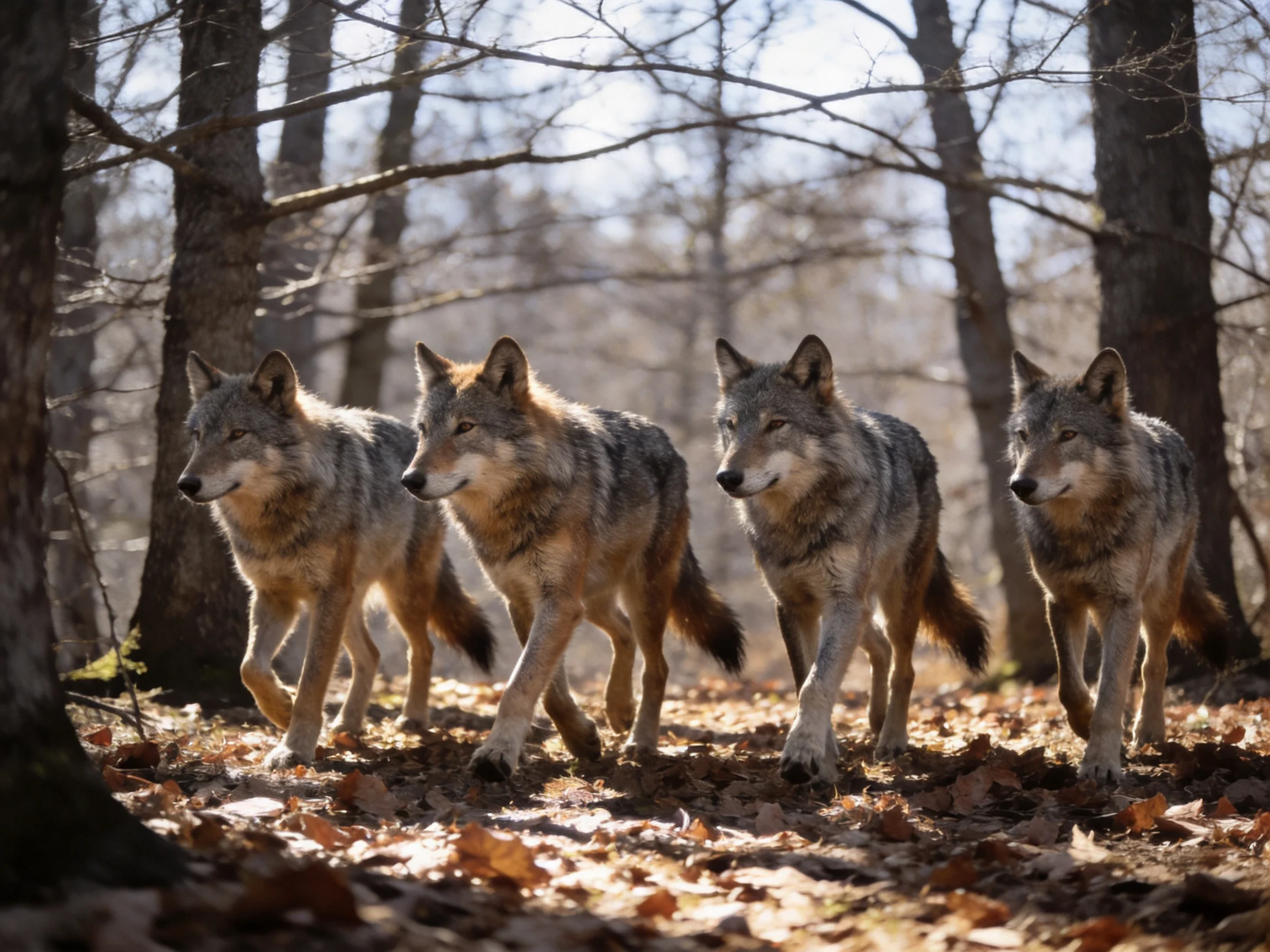 Four gray wolves traverse a sun-dappled forest path with fallen leaves