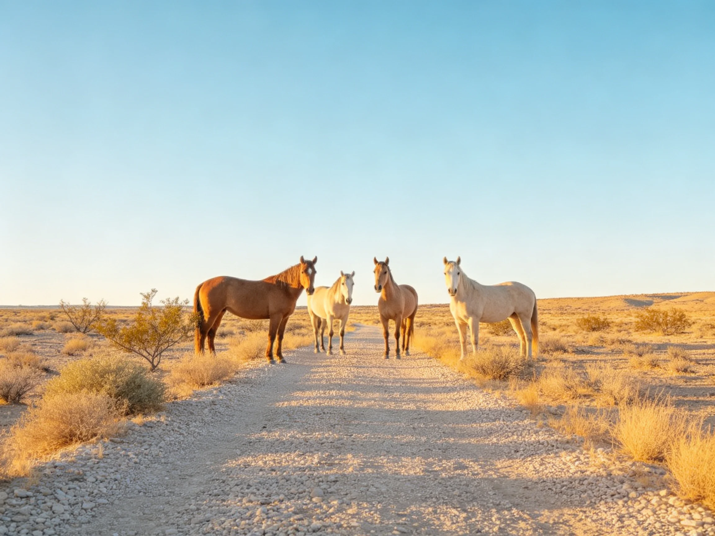 Four horses gather on a sunlit desert path
