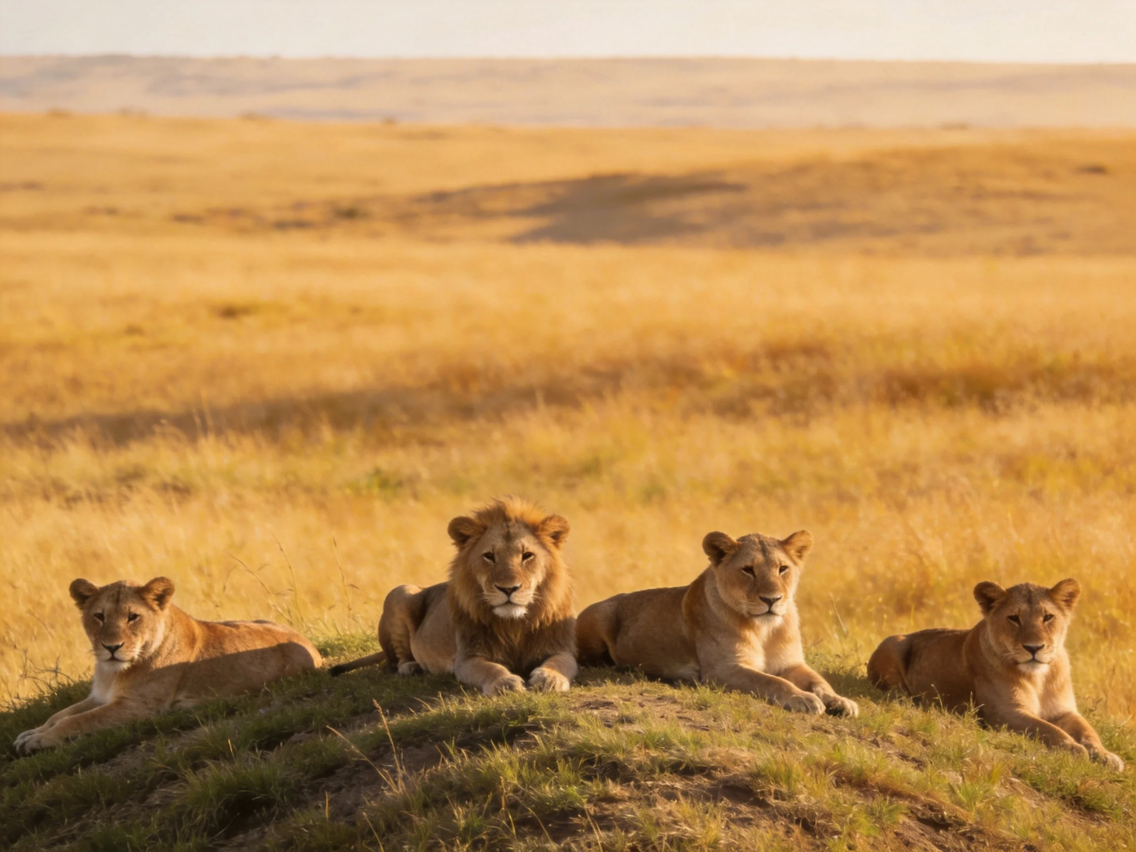 Four lions rest on a grassy mound in golden savannah