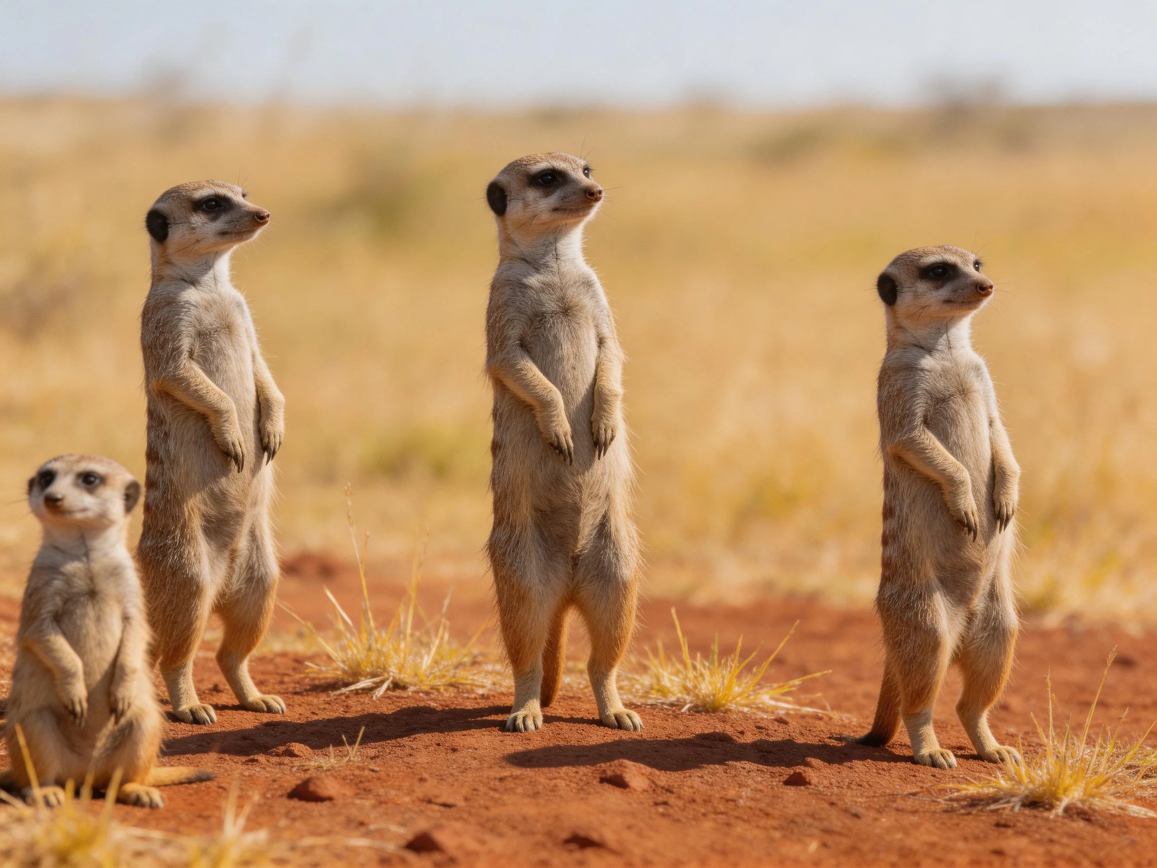 Four meerkats stand watchful on reddish terrain with golden grasslands
