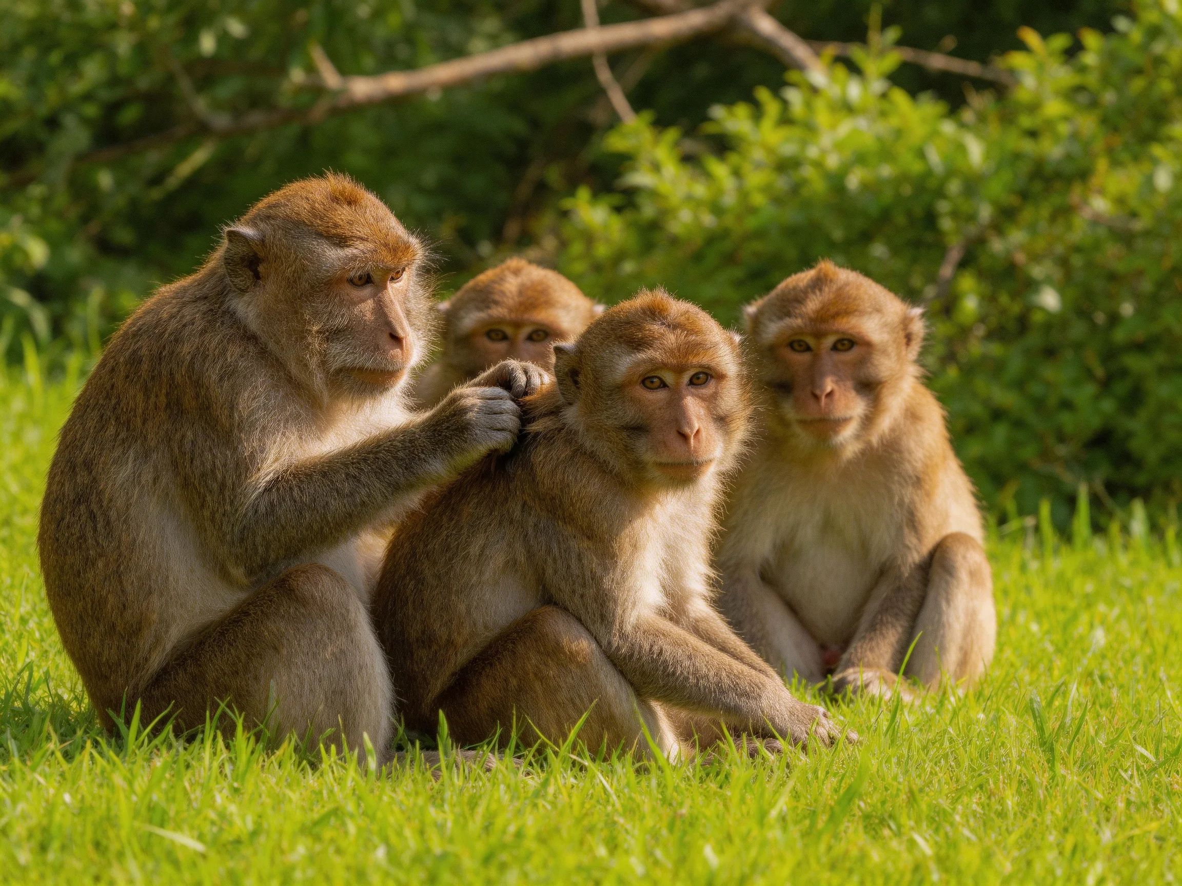 Four monkeys grooming each other on green grass