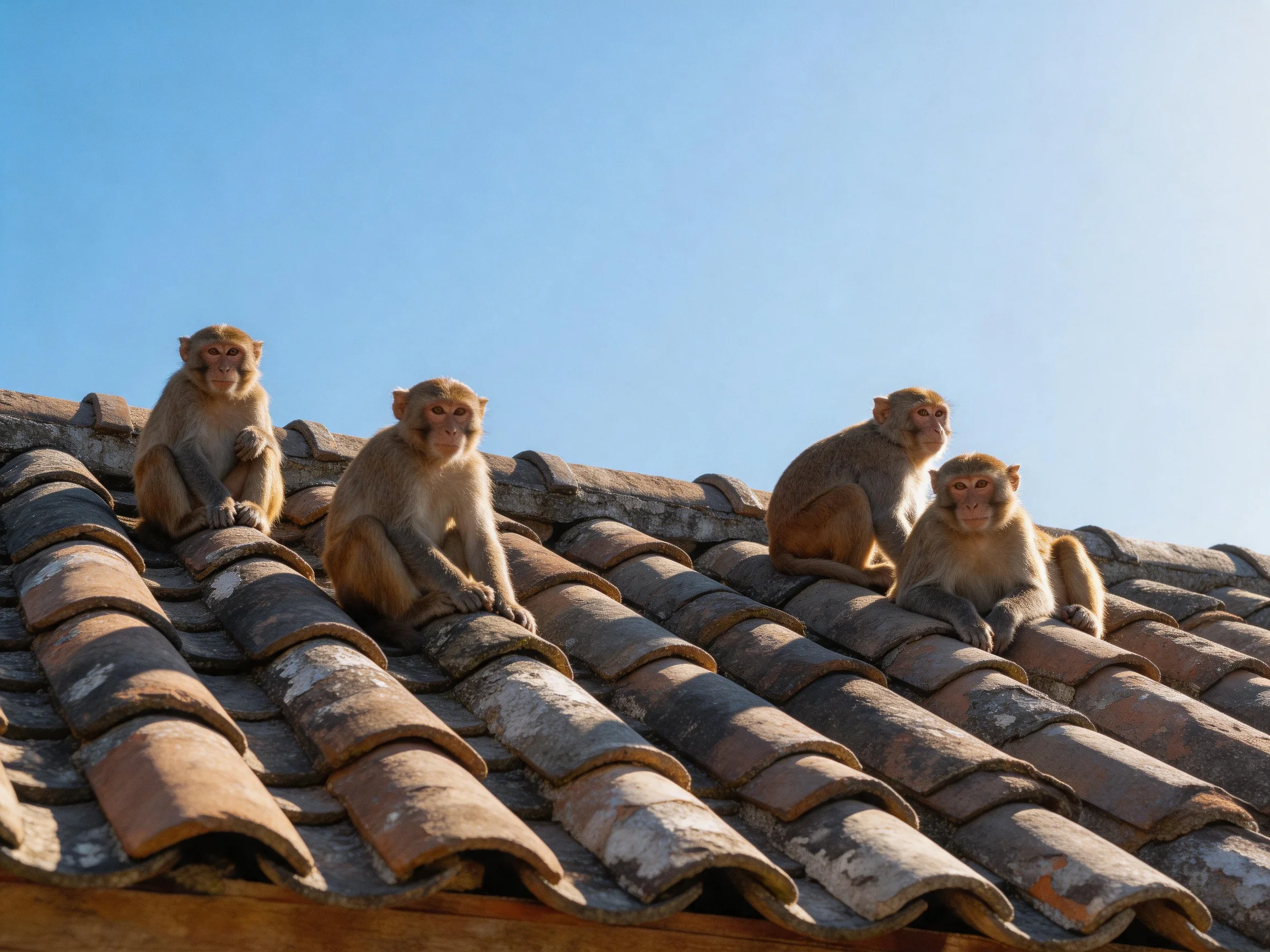 Four monkeys sit on an aged terracotta roof beneath a clear blue sky