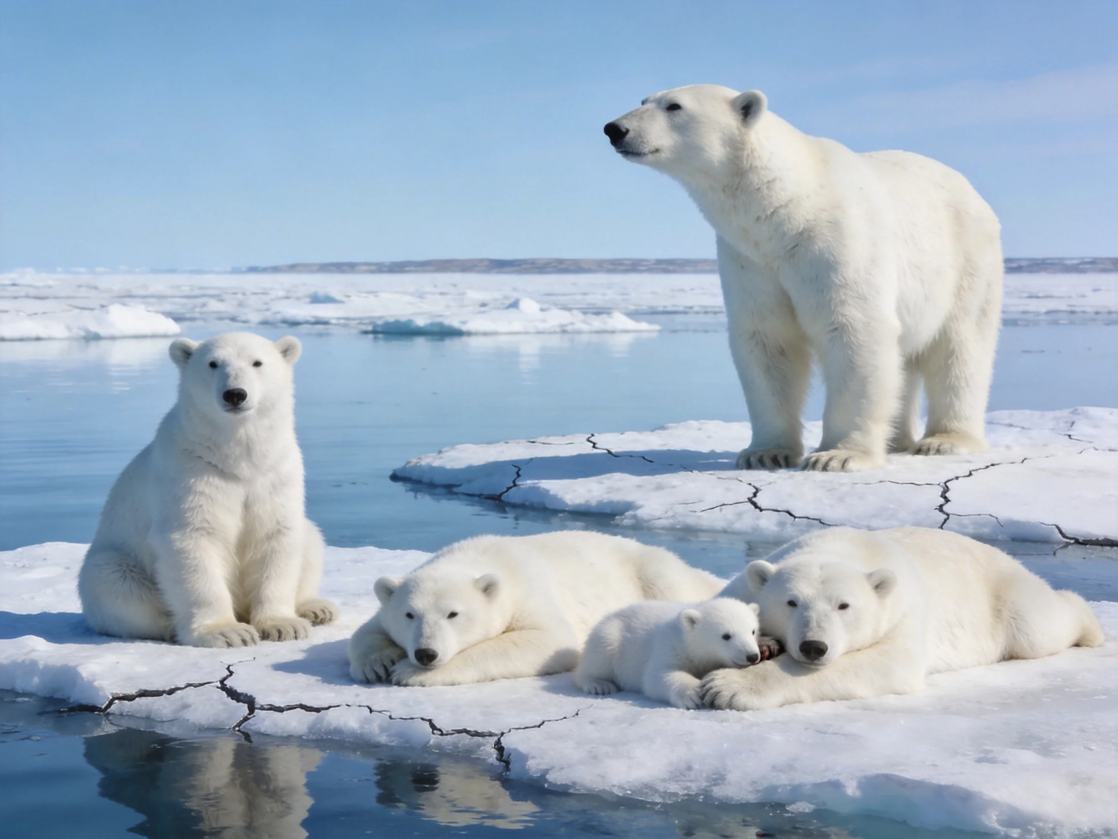 Four polar bears rest on cracked ice floes near icy waters