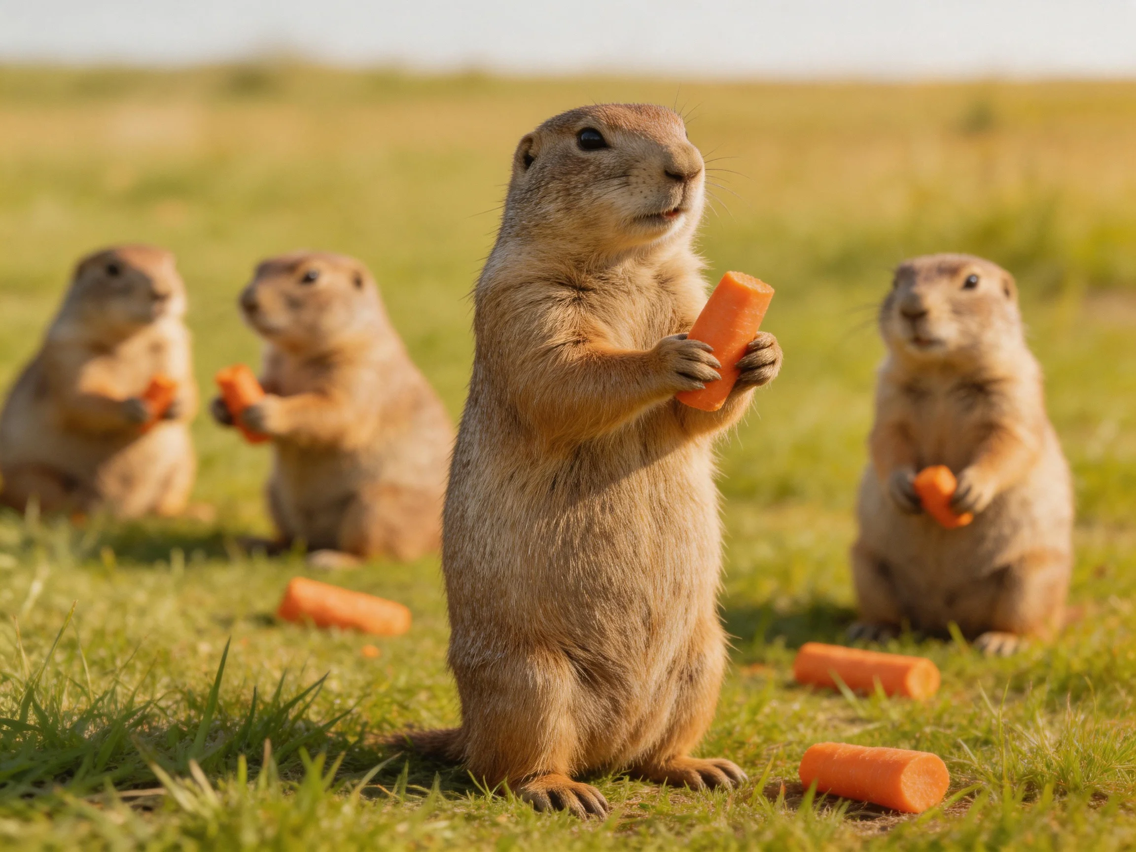 Four prairie dogs hold orange carrots in a sunlit meadow