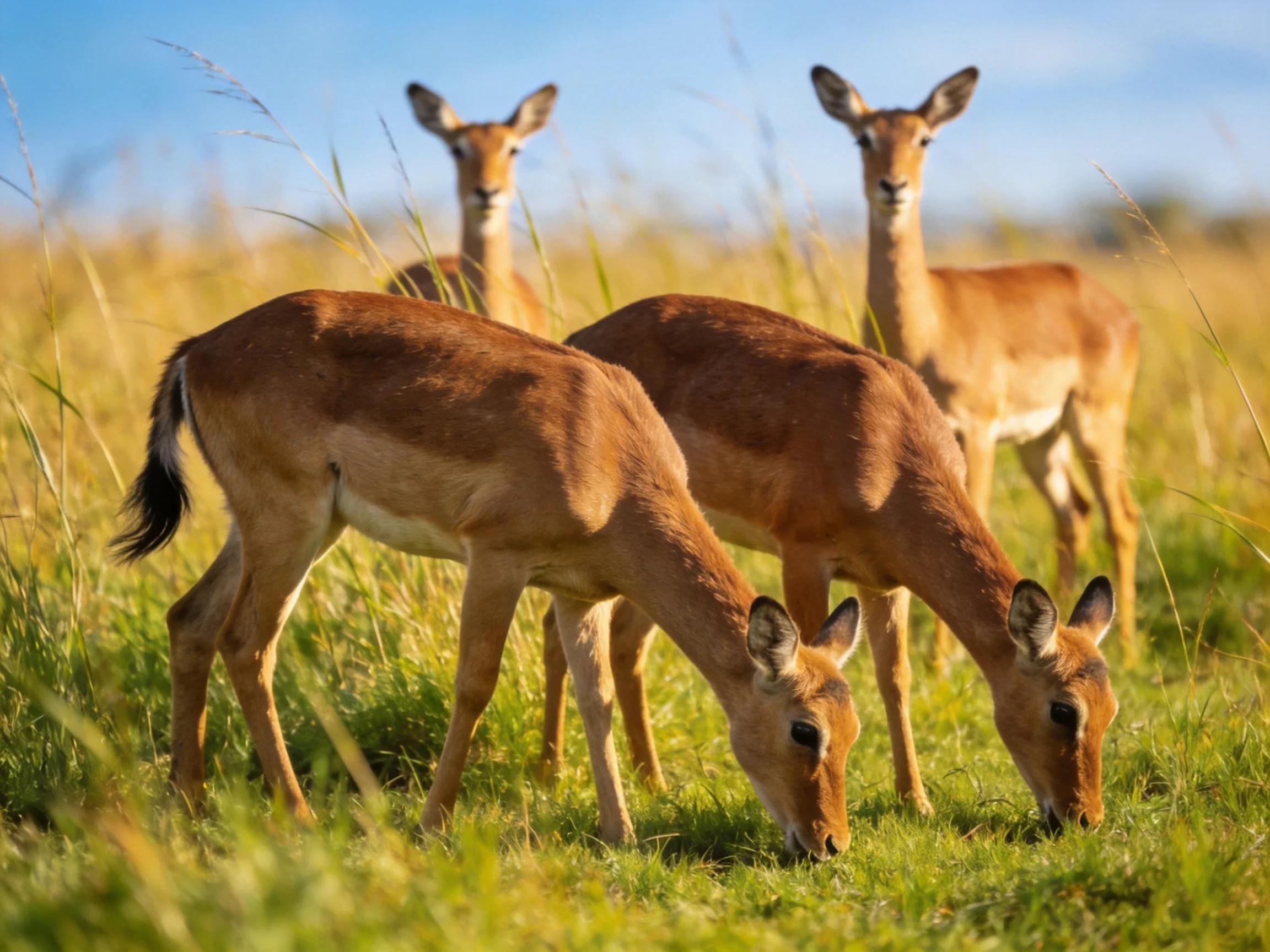 Four reddish - brown antelopes graze in golden savannah grass