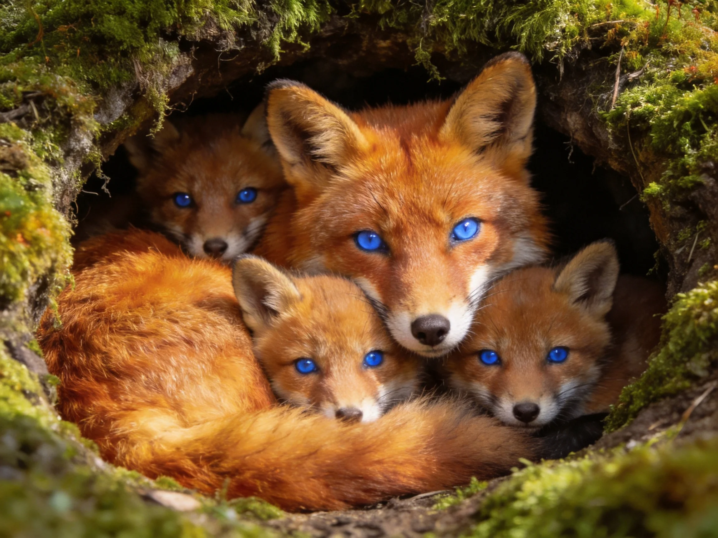 Four reddish-brown foxes with bright blue eyes in a moss-filled den