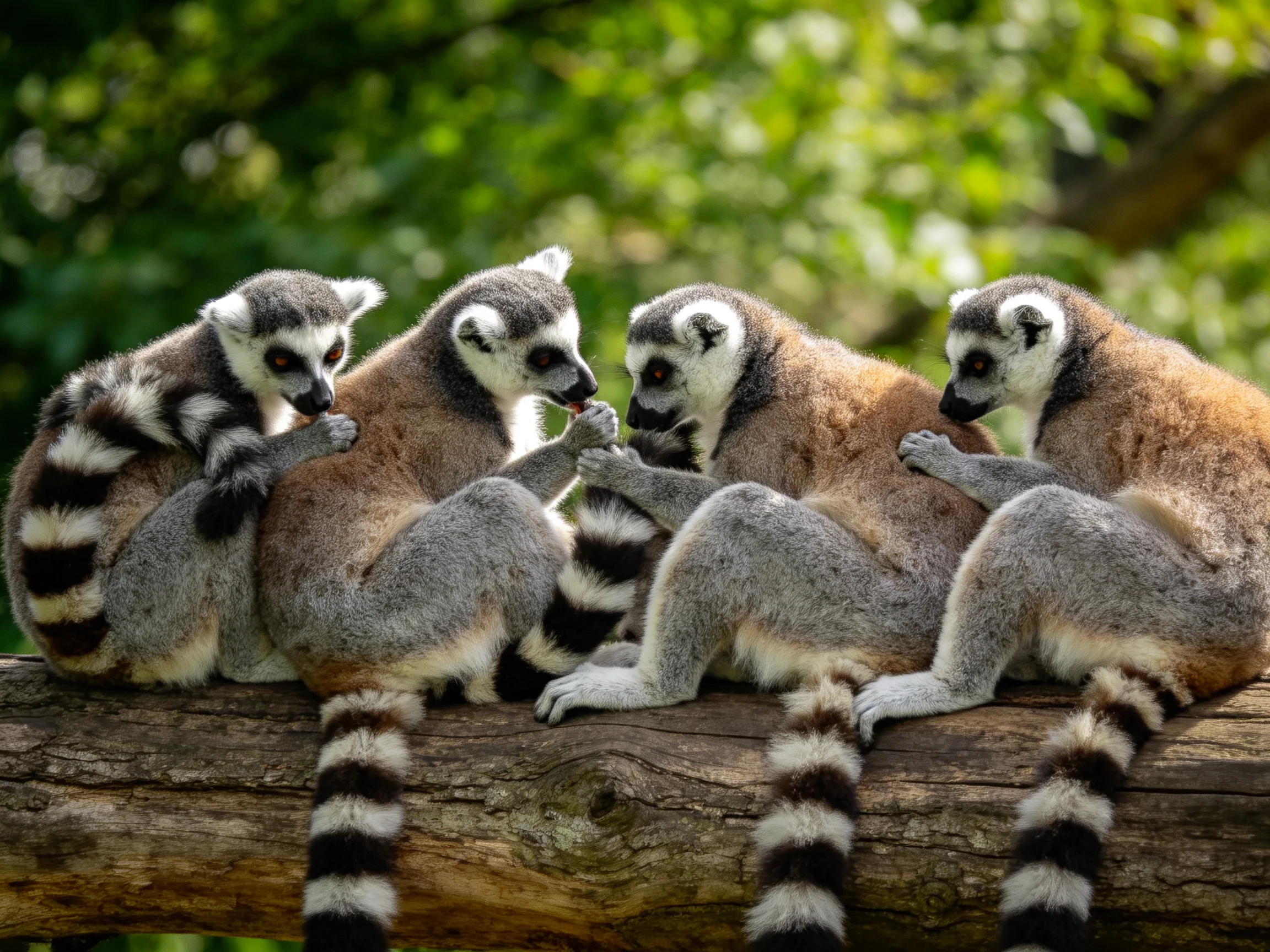Four ring-tailed lemurs groom closely on a weathered tree branch