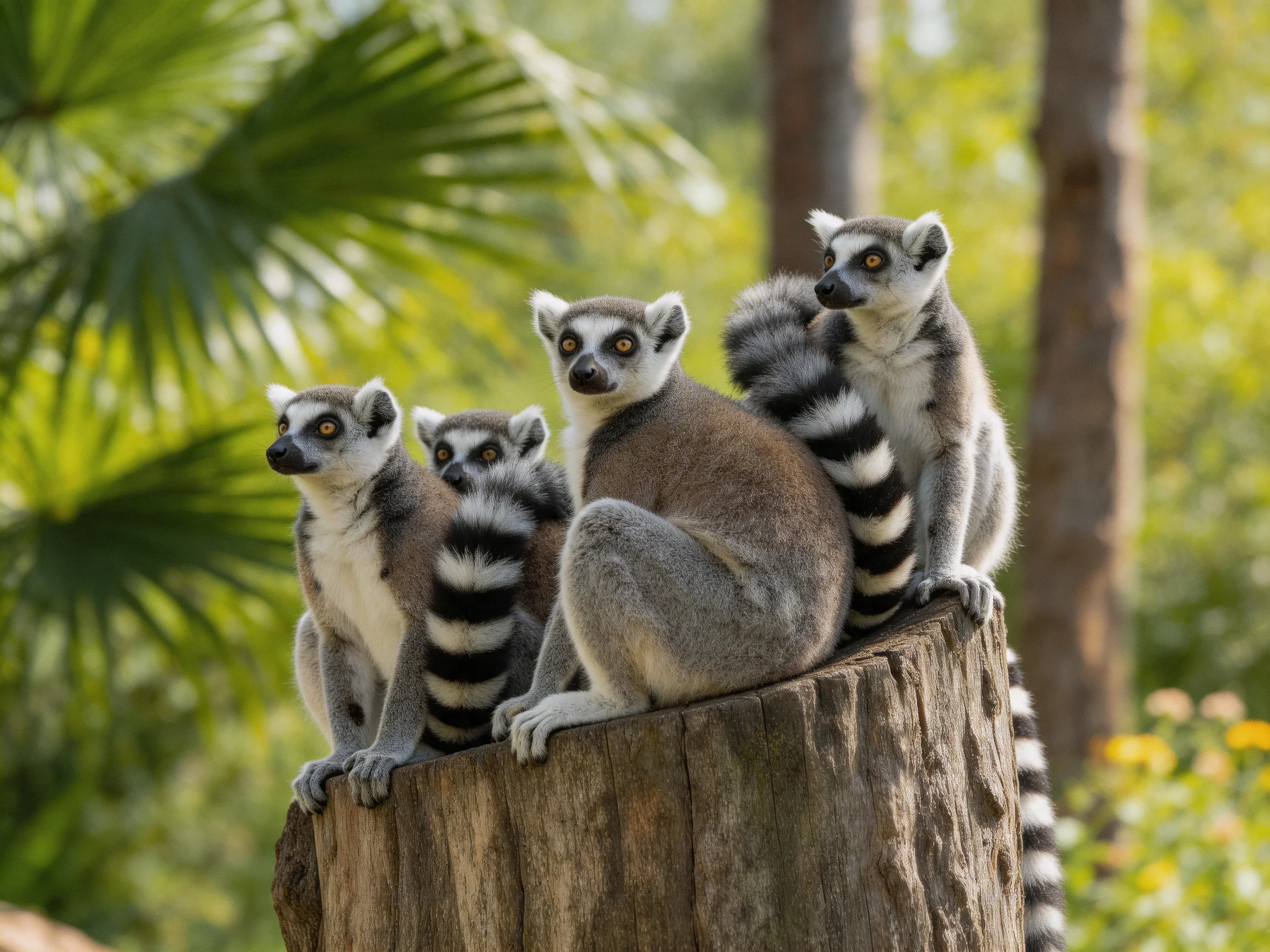 Four ring-tailed lemurs with striped tails sit on a weathered tree stump