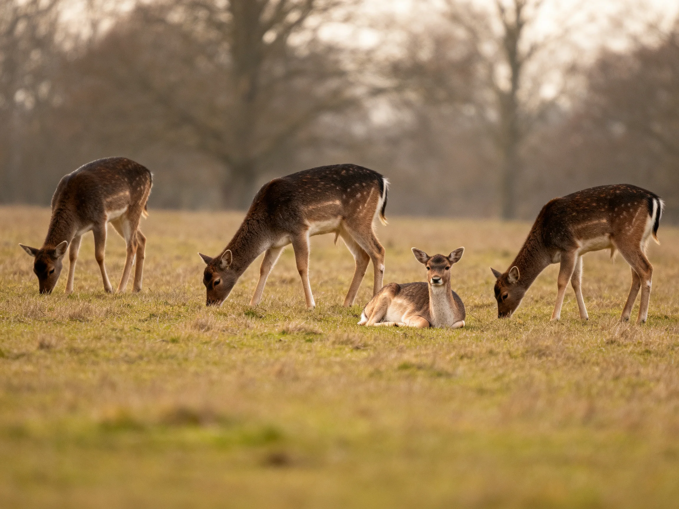 Four deer graze with one resting in a sunlit meadow