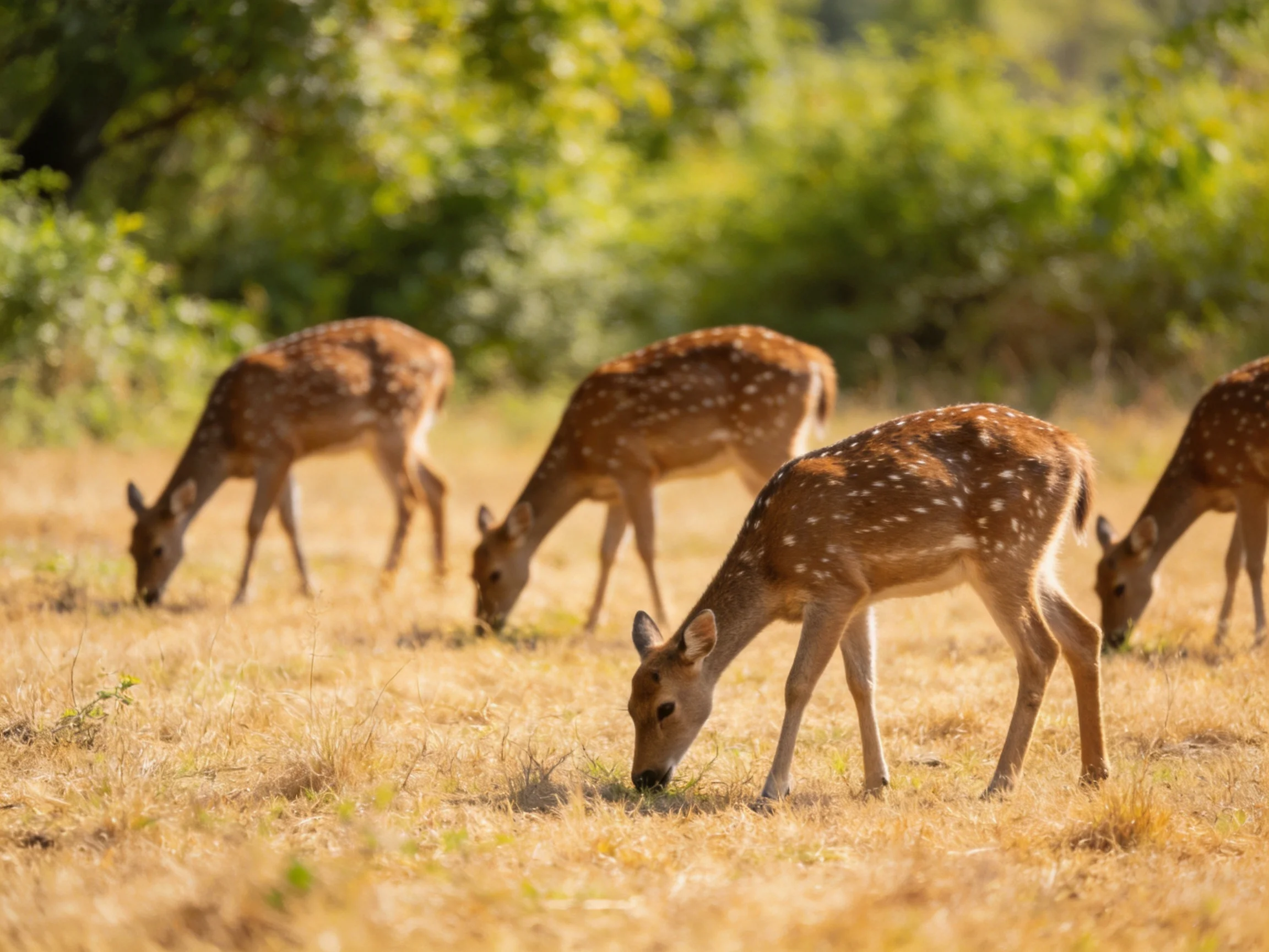Four spotted deer graze in a sunlit golden meadow