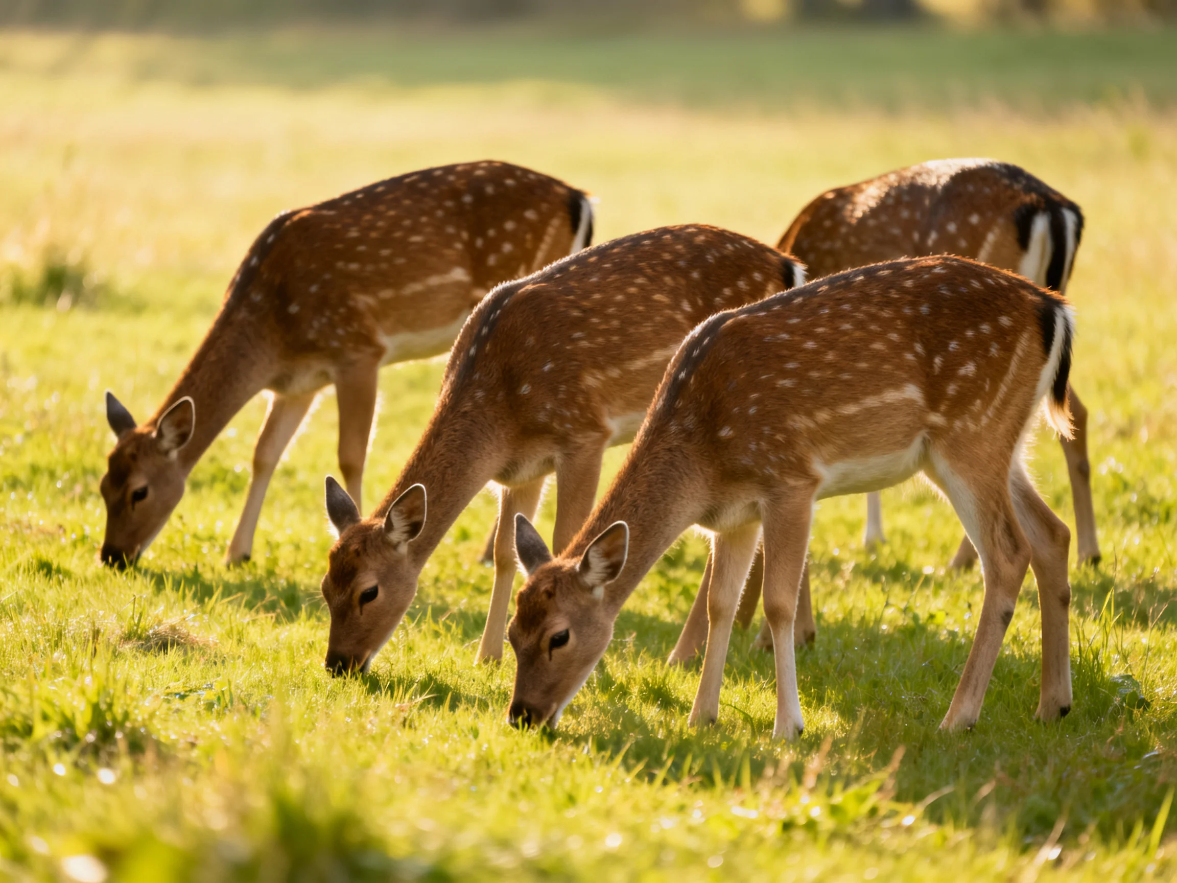 Four spotted deer graze together in a sunlit meadow.