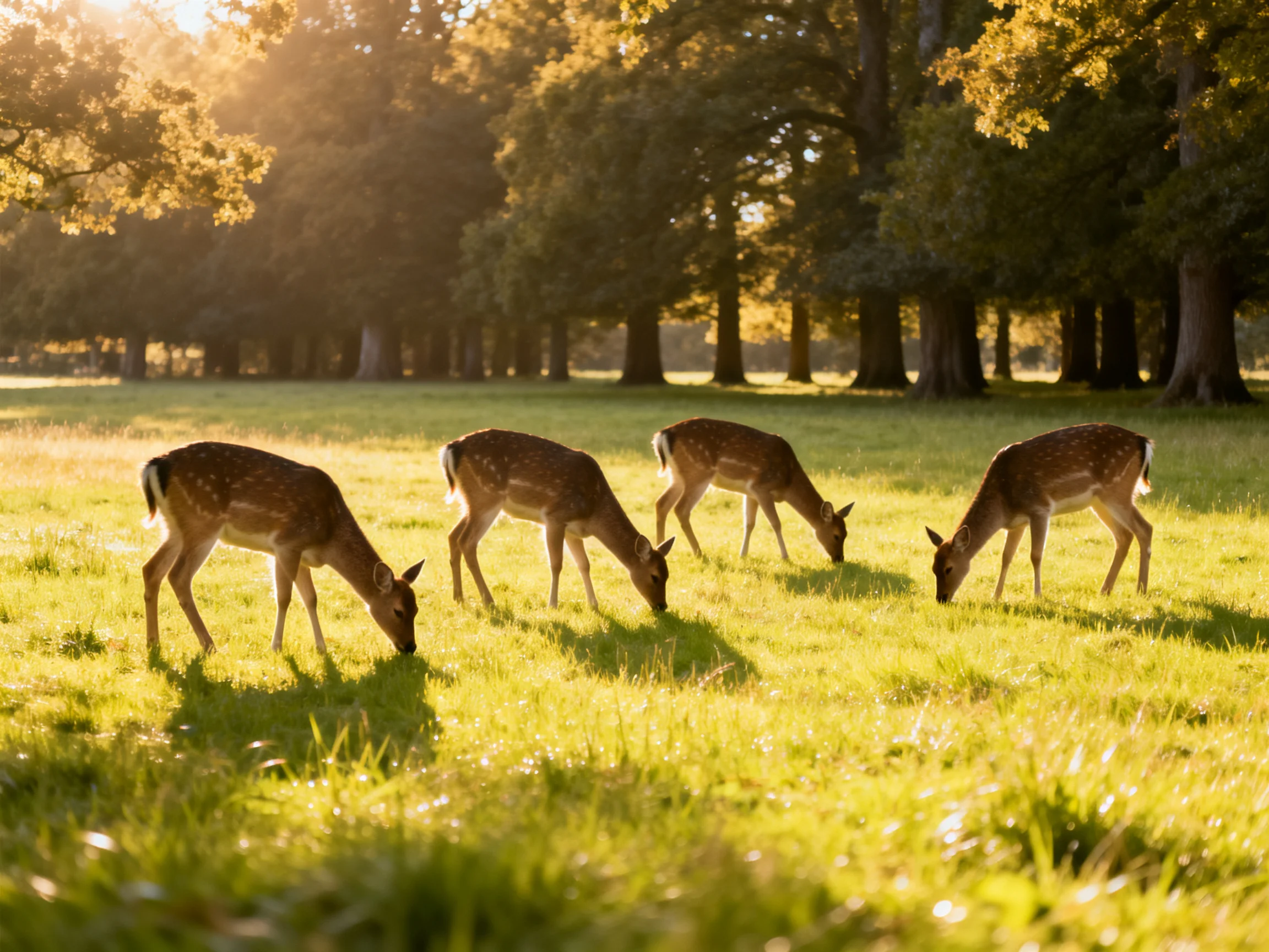 Four deer graze in a sunlit meadow near tall trees.