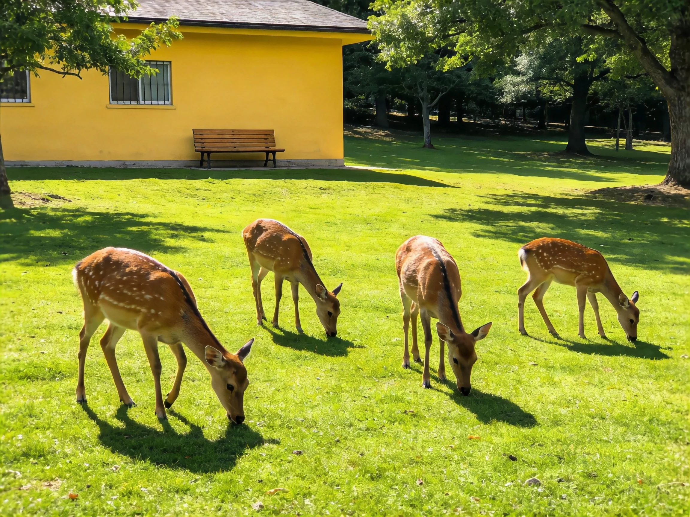 Four spotted deer graze near a bright yellow building on lush grass