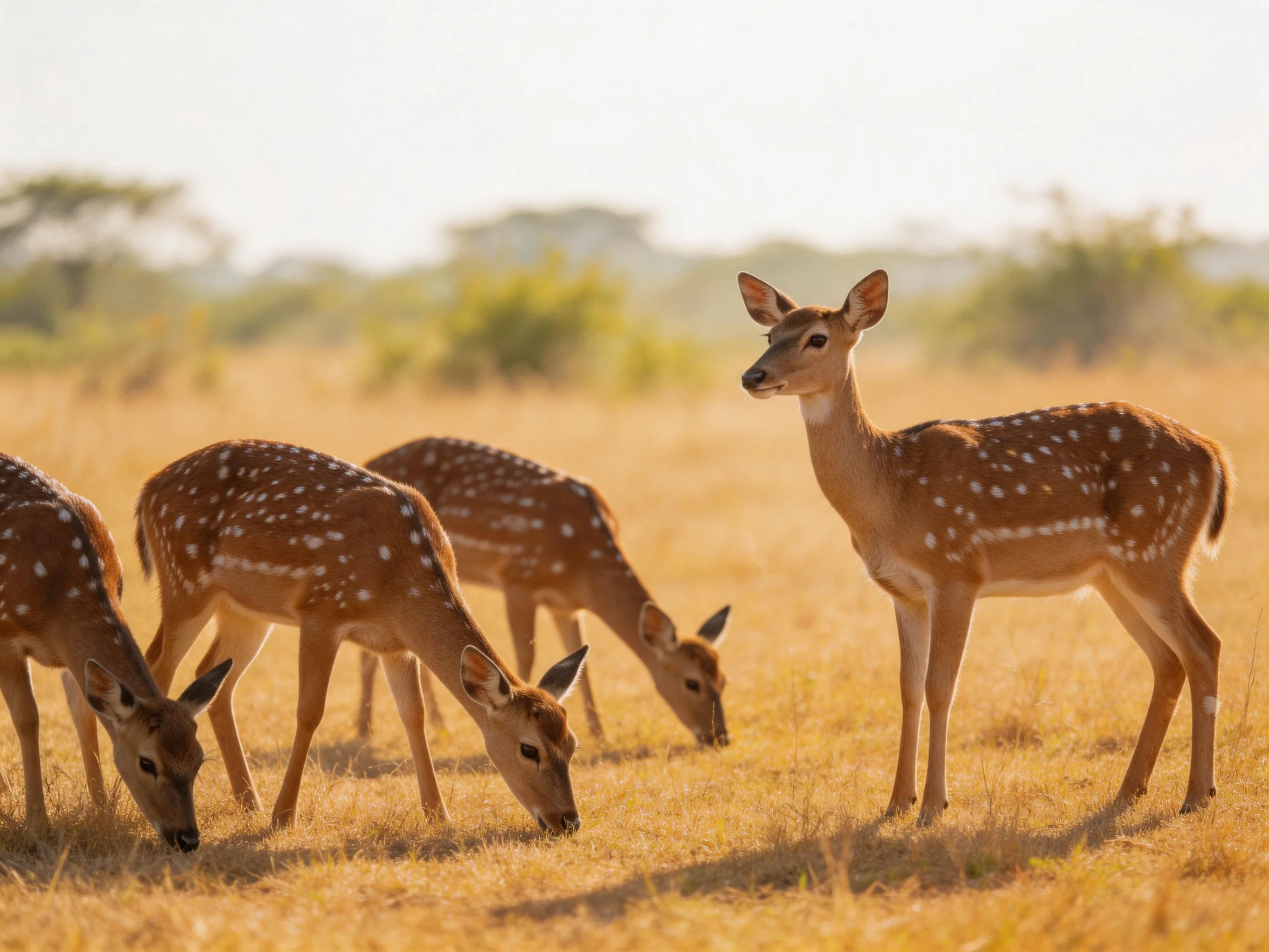 Four spotted deer in golden savannah grasslands