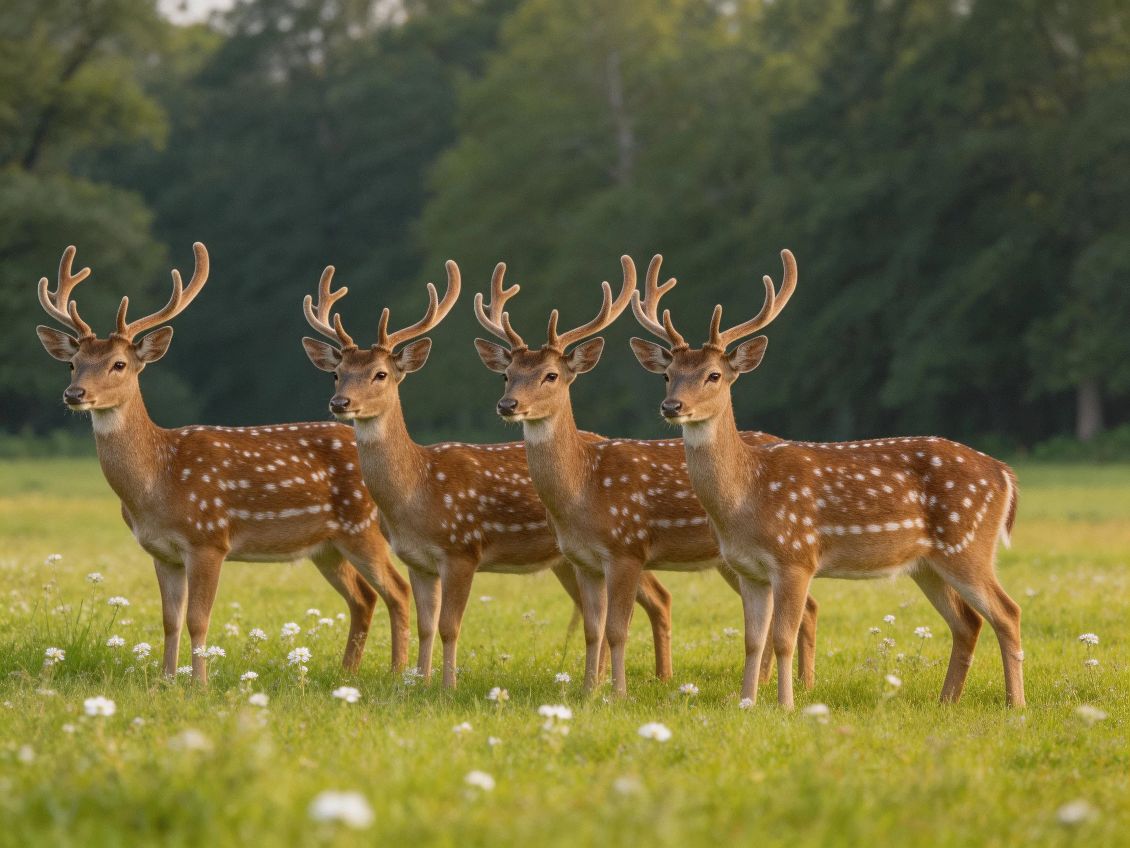 Four deer with spotted coats gather in a sunlit meadow surrounded by trees.