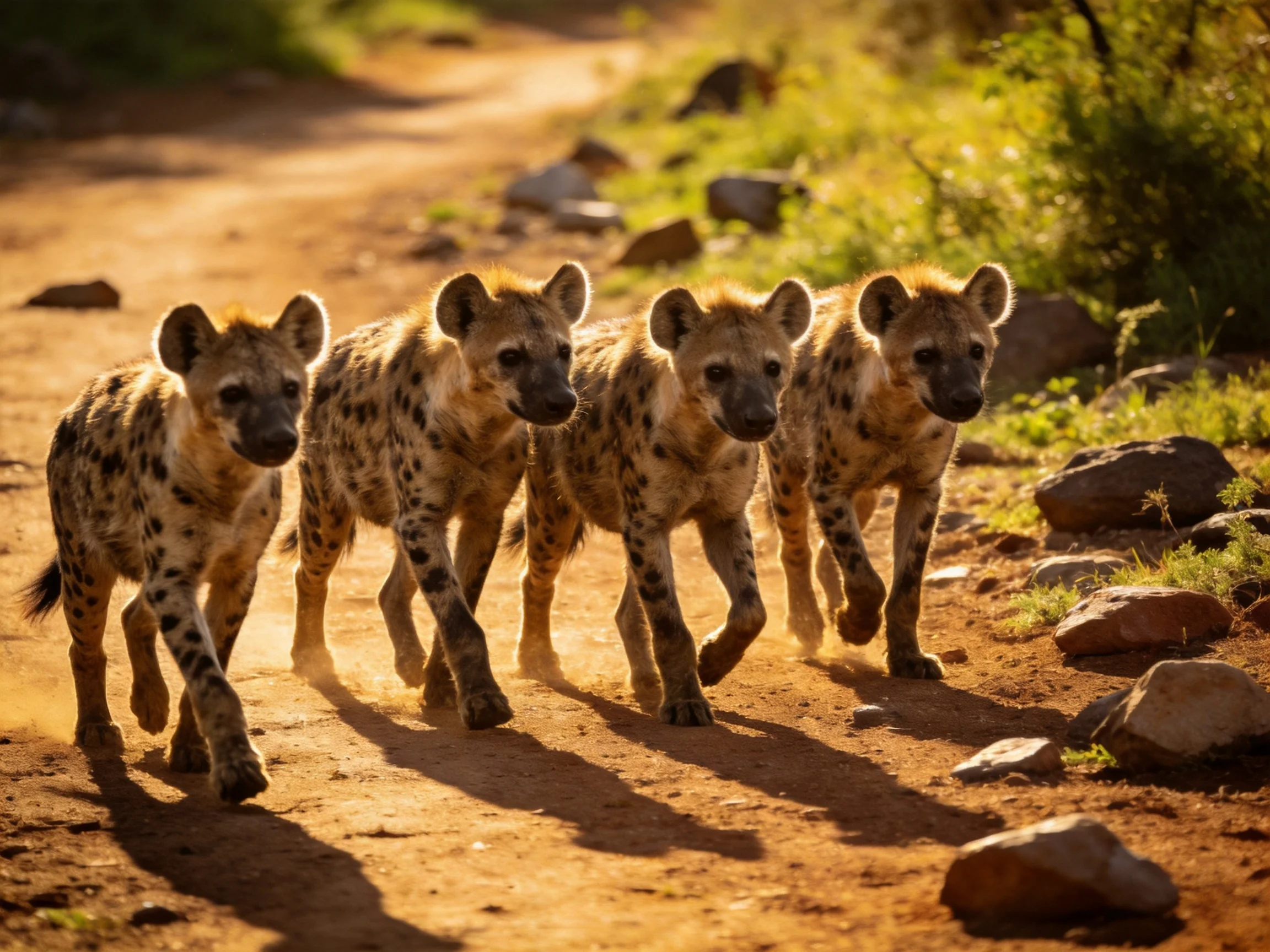 Four spotted hyena cubs run along a dusty dirt path under golden light