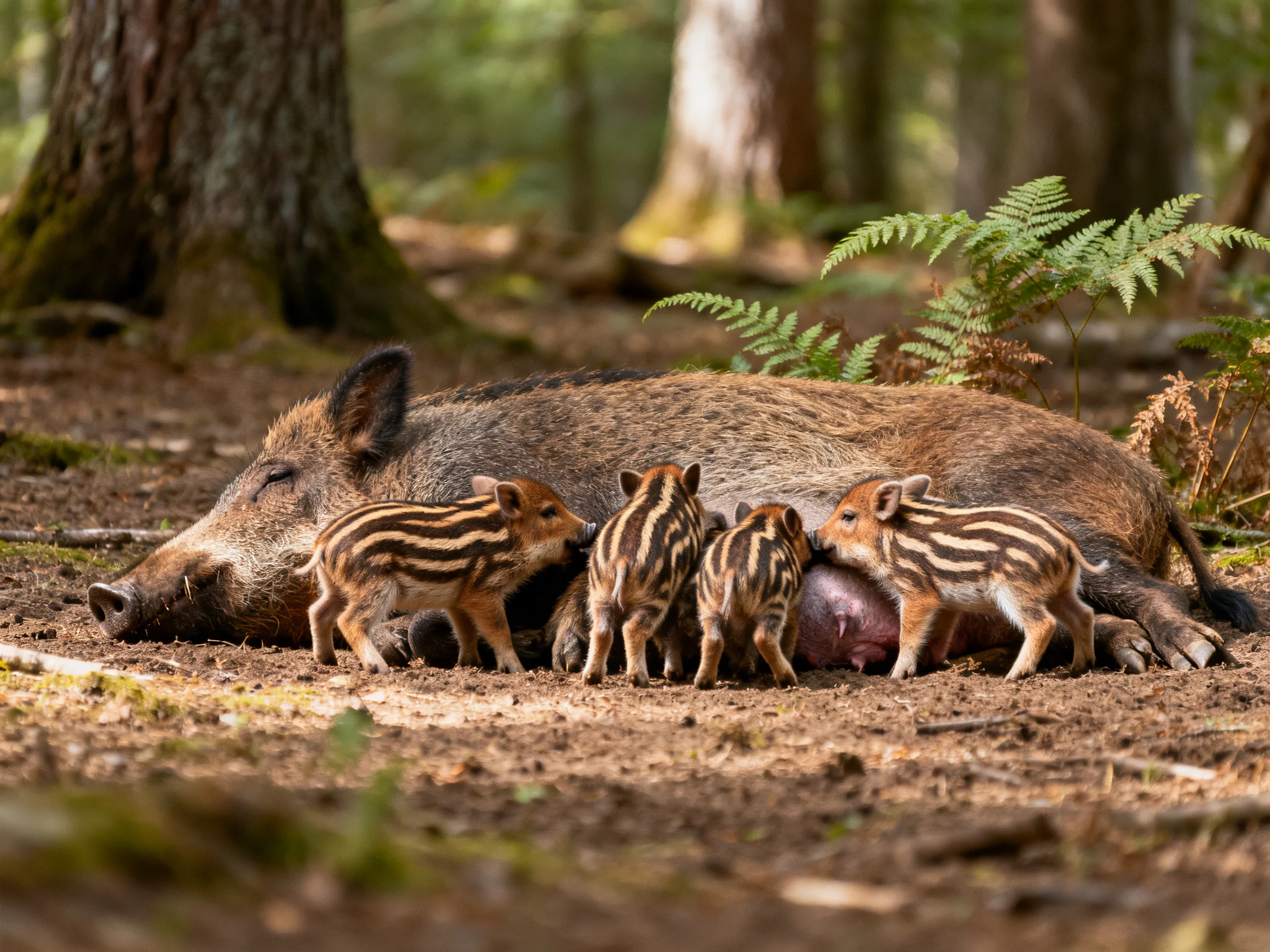 Four striped piglets nurse beside an adult boar in a sunlit forest