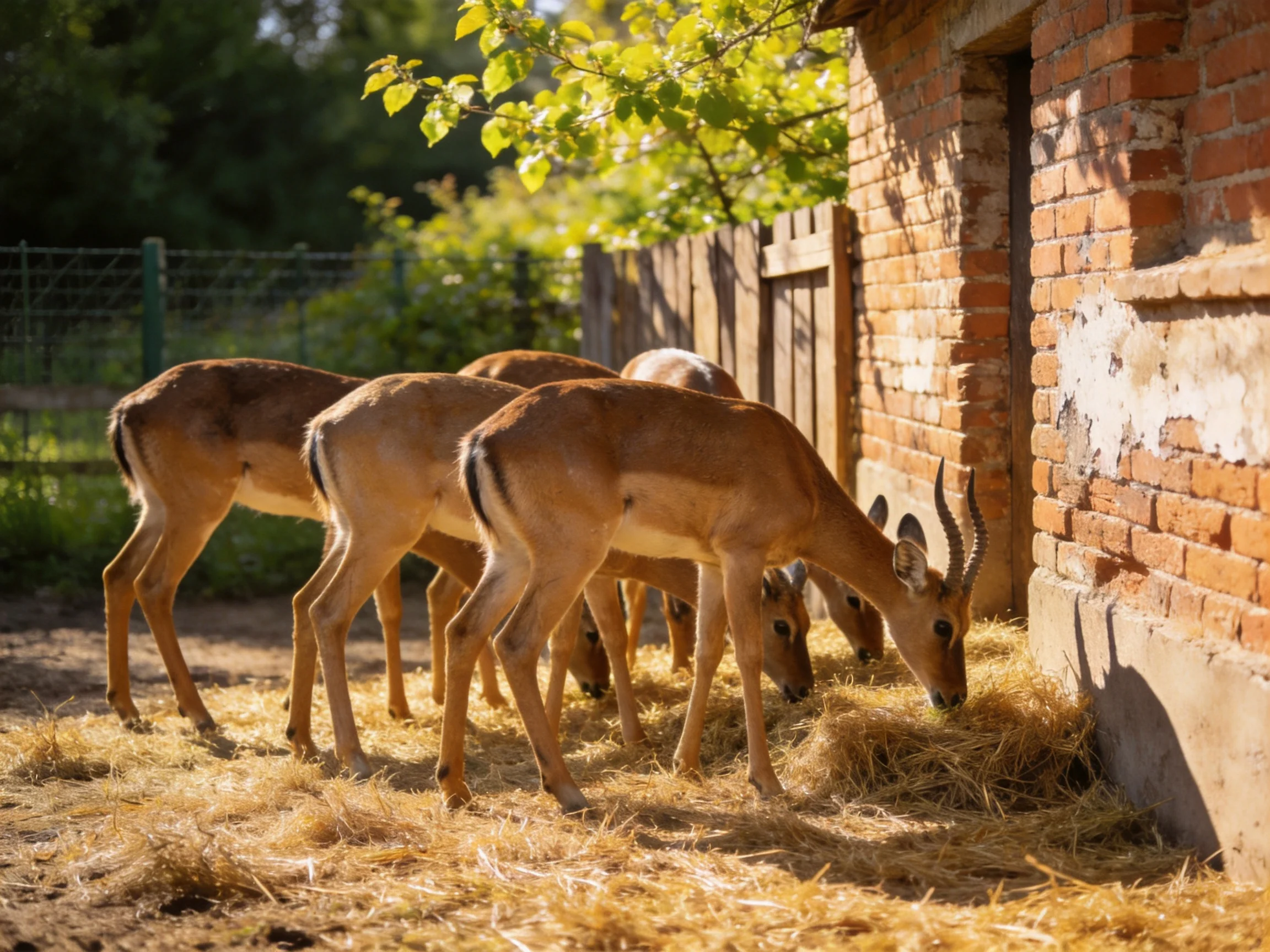 Four tan antelopes eat golden hay near a weathered brick structure