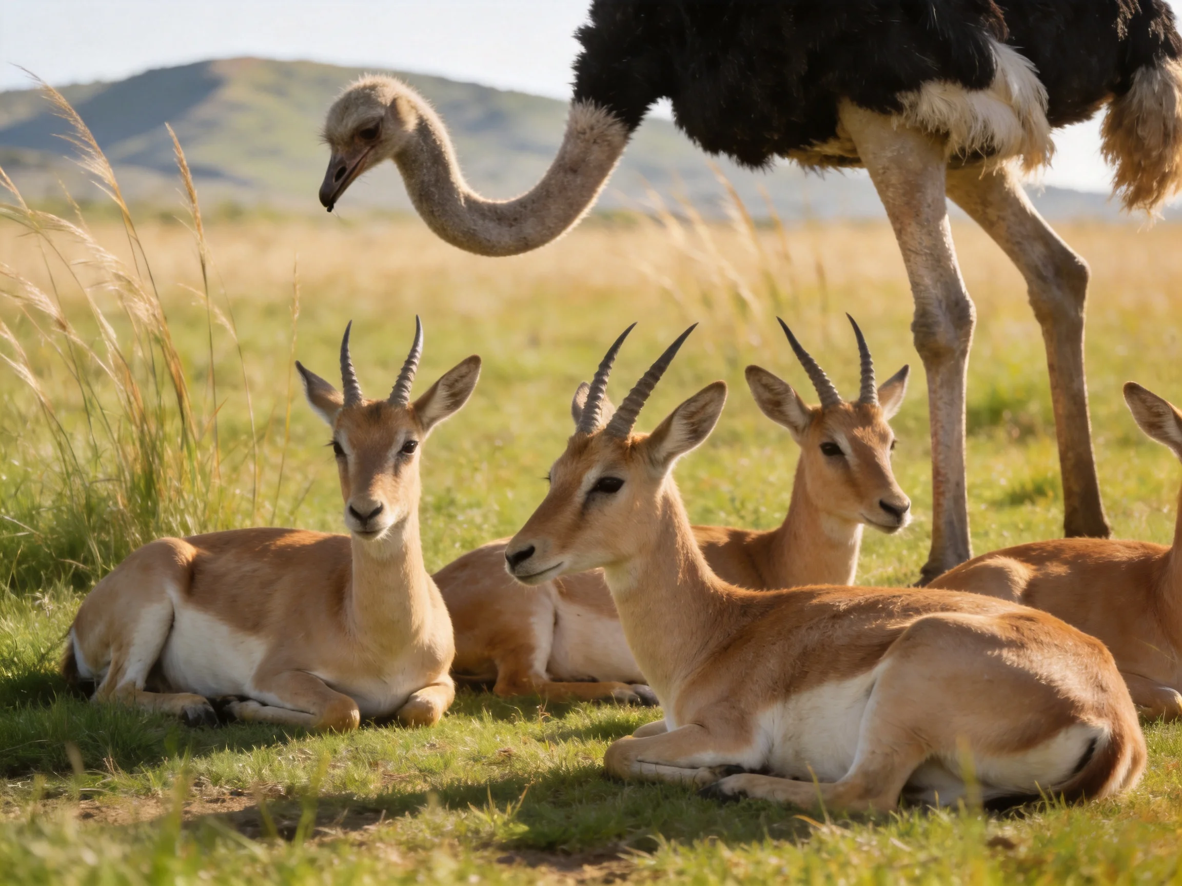 Four tan gazelles rest near a black-and-white ostrich in a sunny savannah