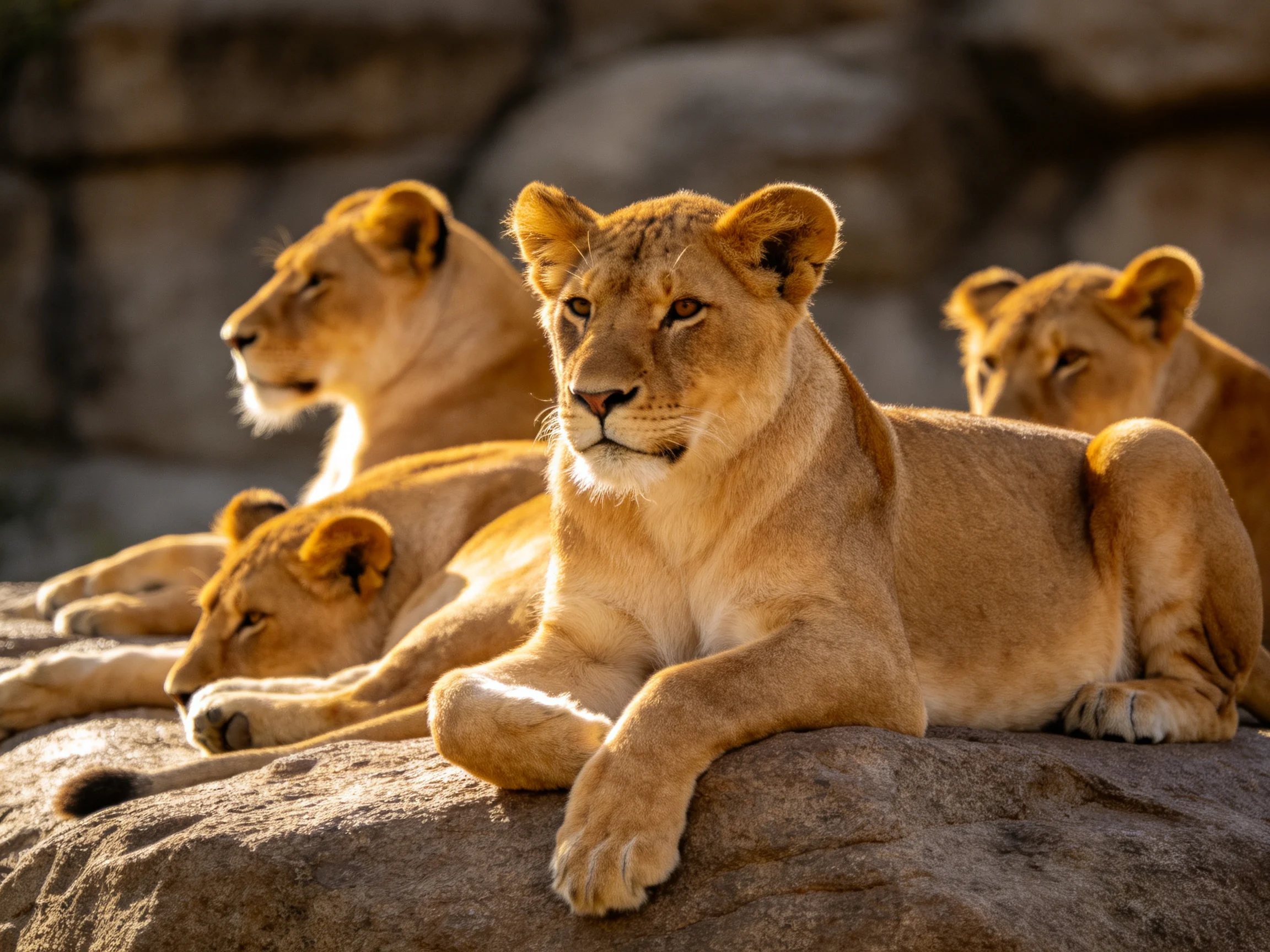Four tawny lion cubs rest on large rocks in warm sunlight
