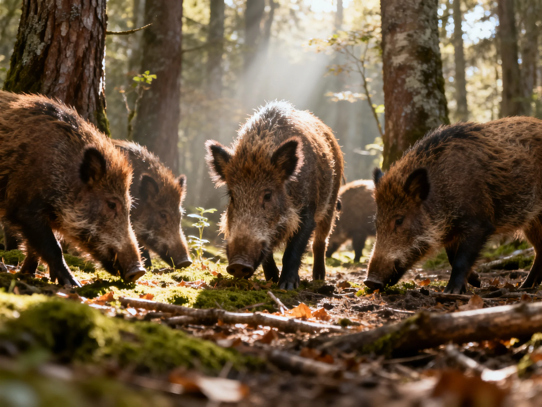 Four wild boars forage in a sunlit forest with mossy terrain