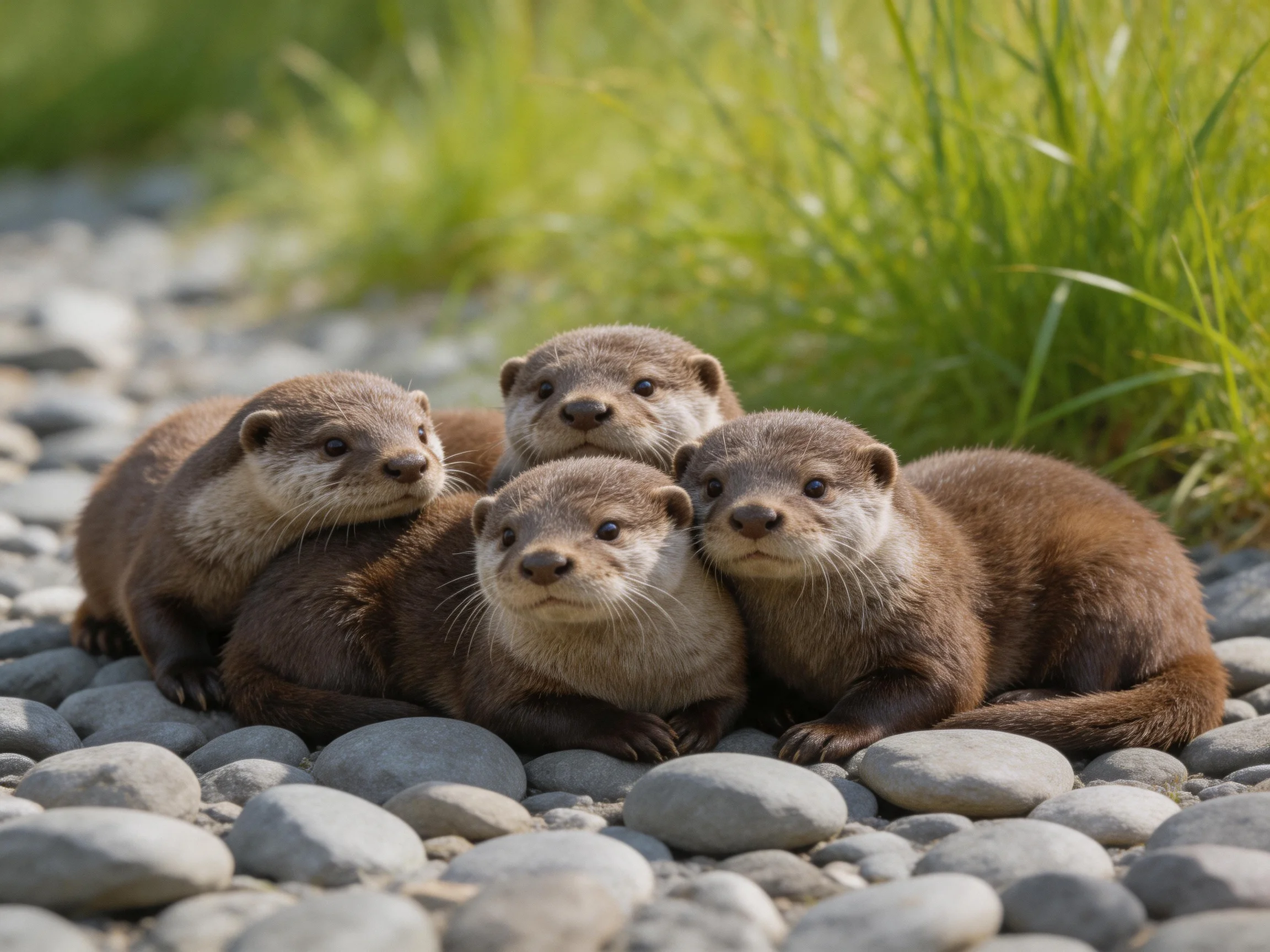 Four young otters huddle on smooth gray pebbles near lush green grass