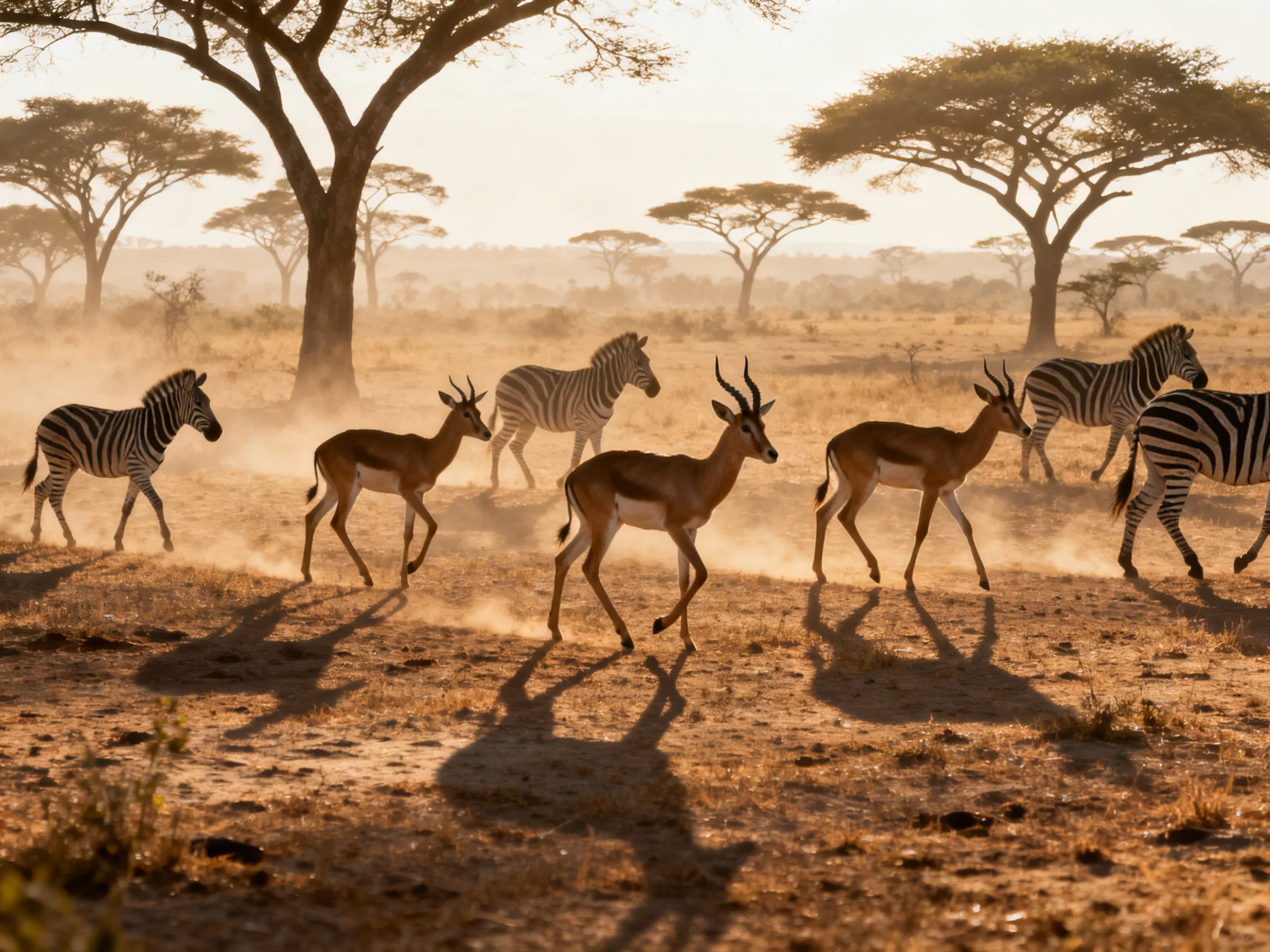 Four zebras and five antelopes traverse dusty savannah with acacia trees