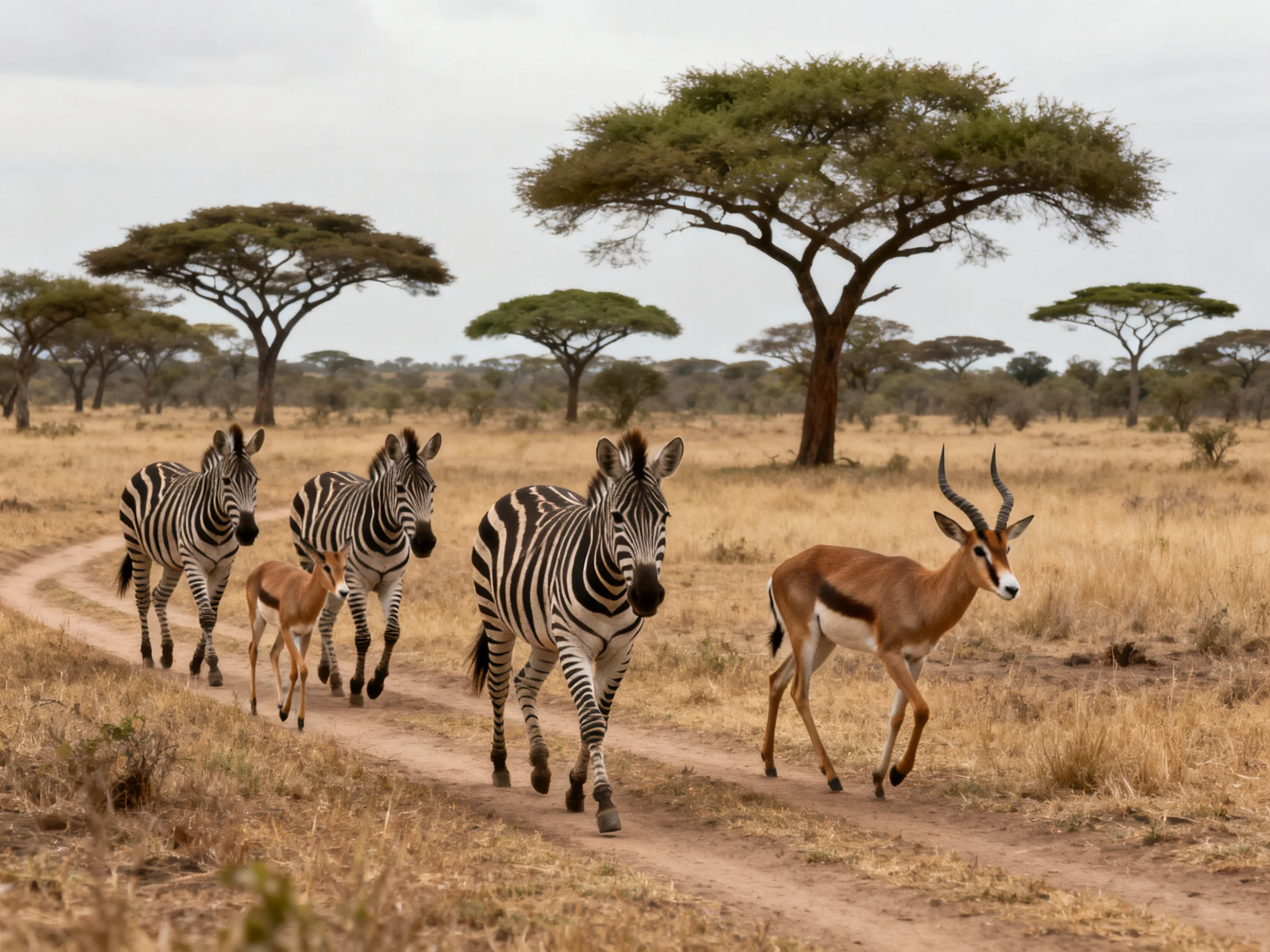 Four zebras and two antelopes traverse a dusty savannah path