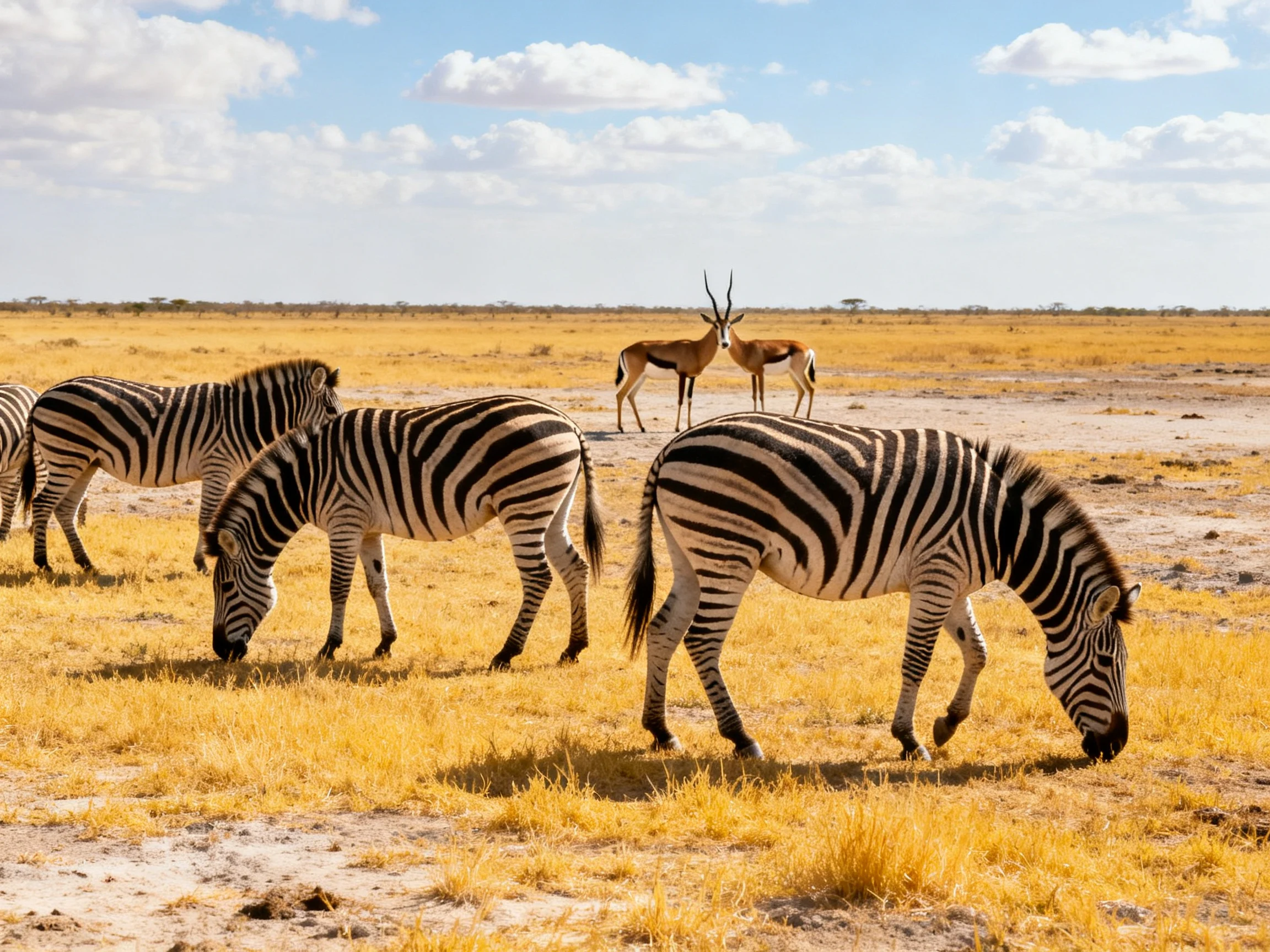 Four zebras graze beside two antelopes on golden savannah
