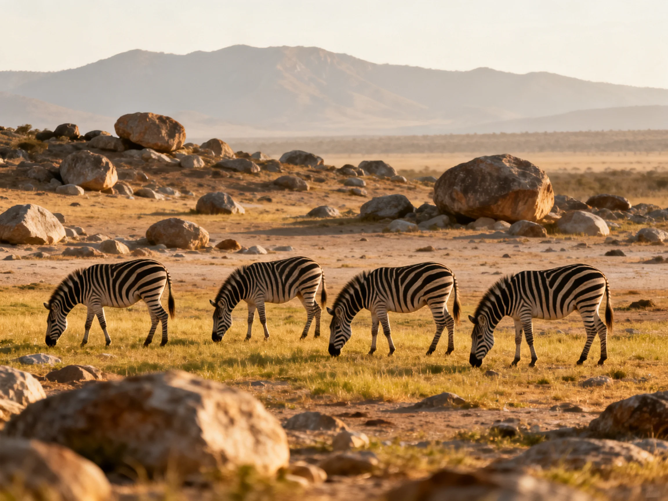 Four zebras graze in a rocky savannah with distant mountains
