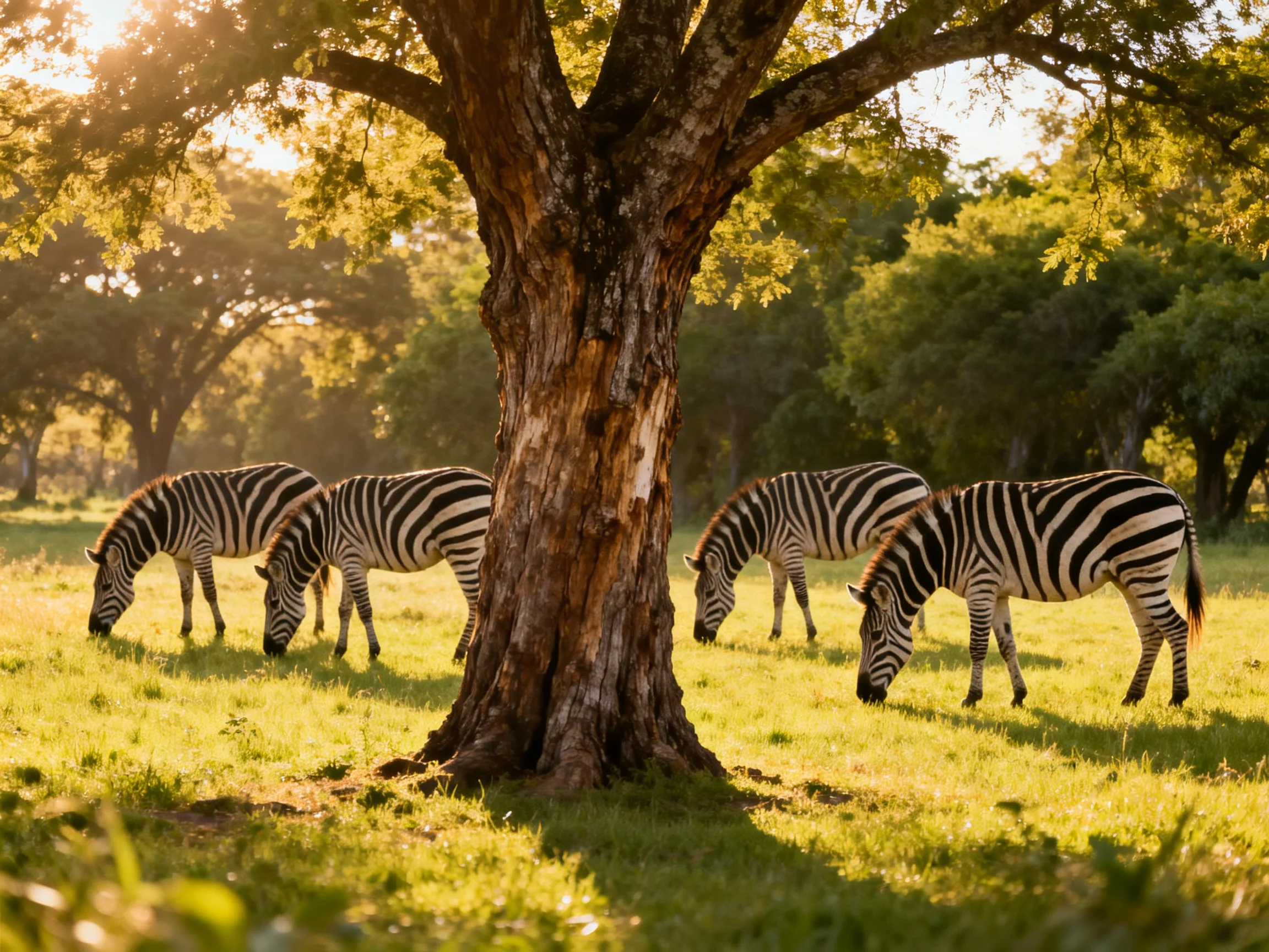 Four zebras graze near a large brown tree in sunlit grassland