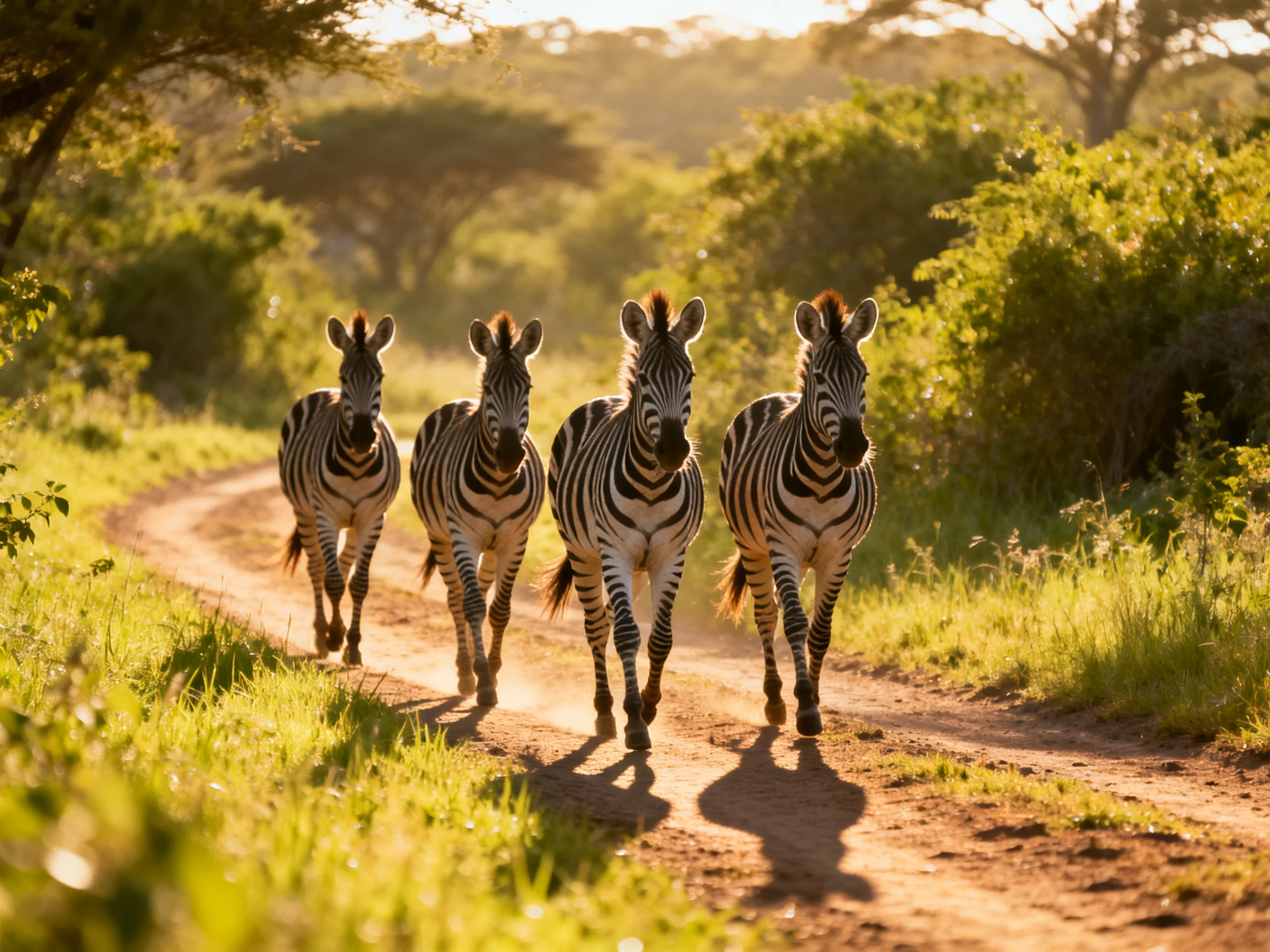 Four zebras walk along a sunlit dirt road with lush greenery