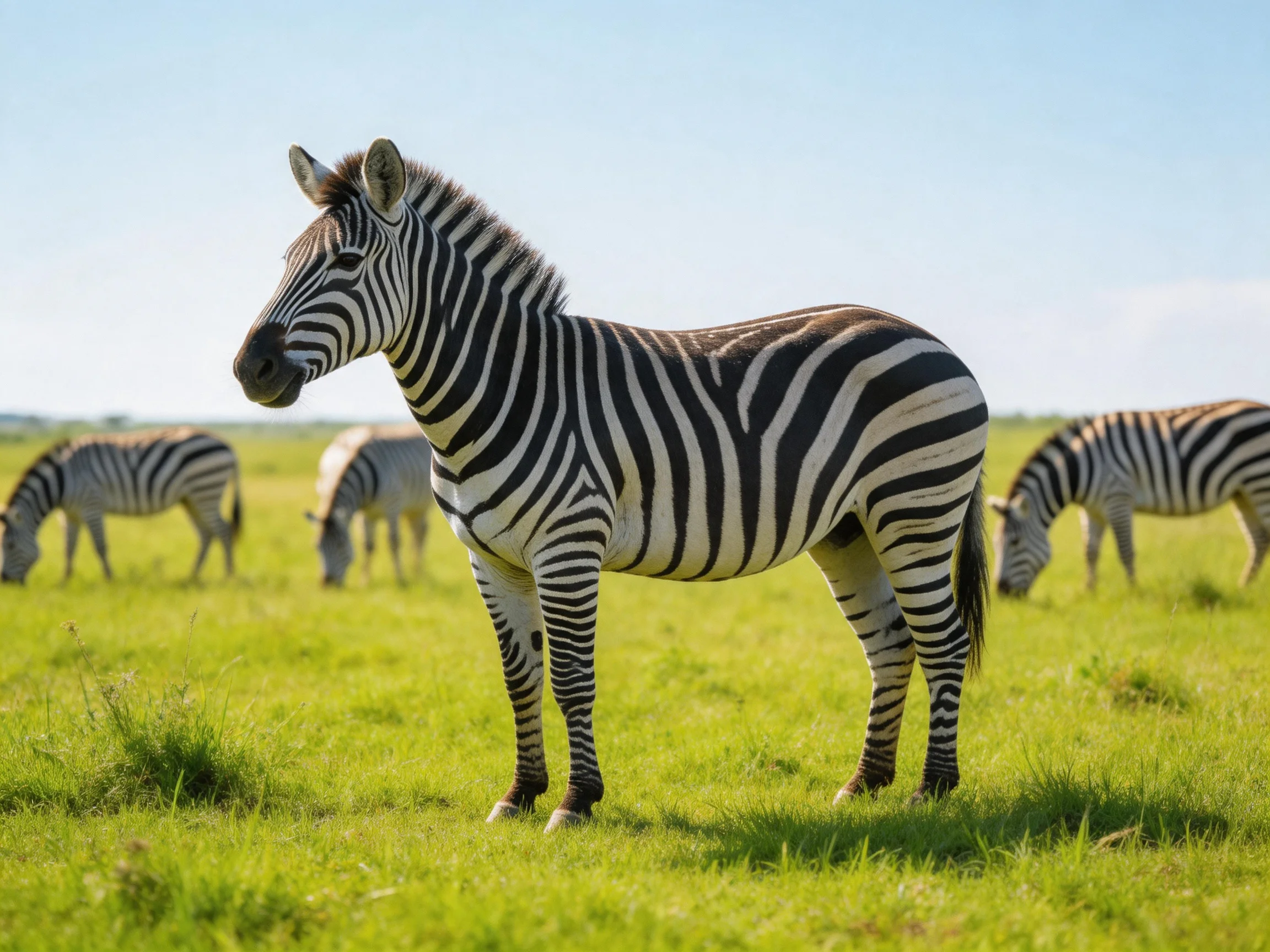 Four zebras with black-and-white stripes in a sunny green savannah