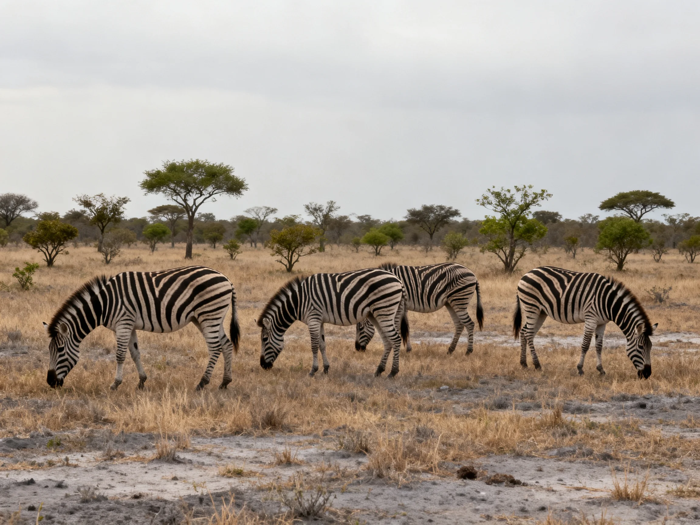 Four zebras with bold black-and-white stripes graze in a dry savannah landscape