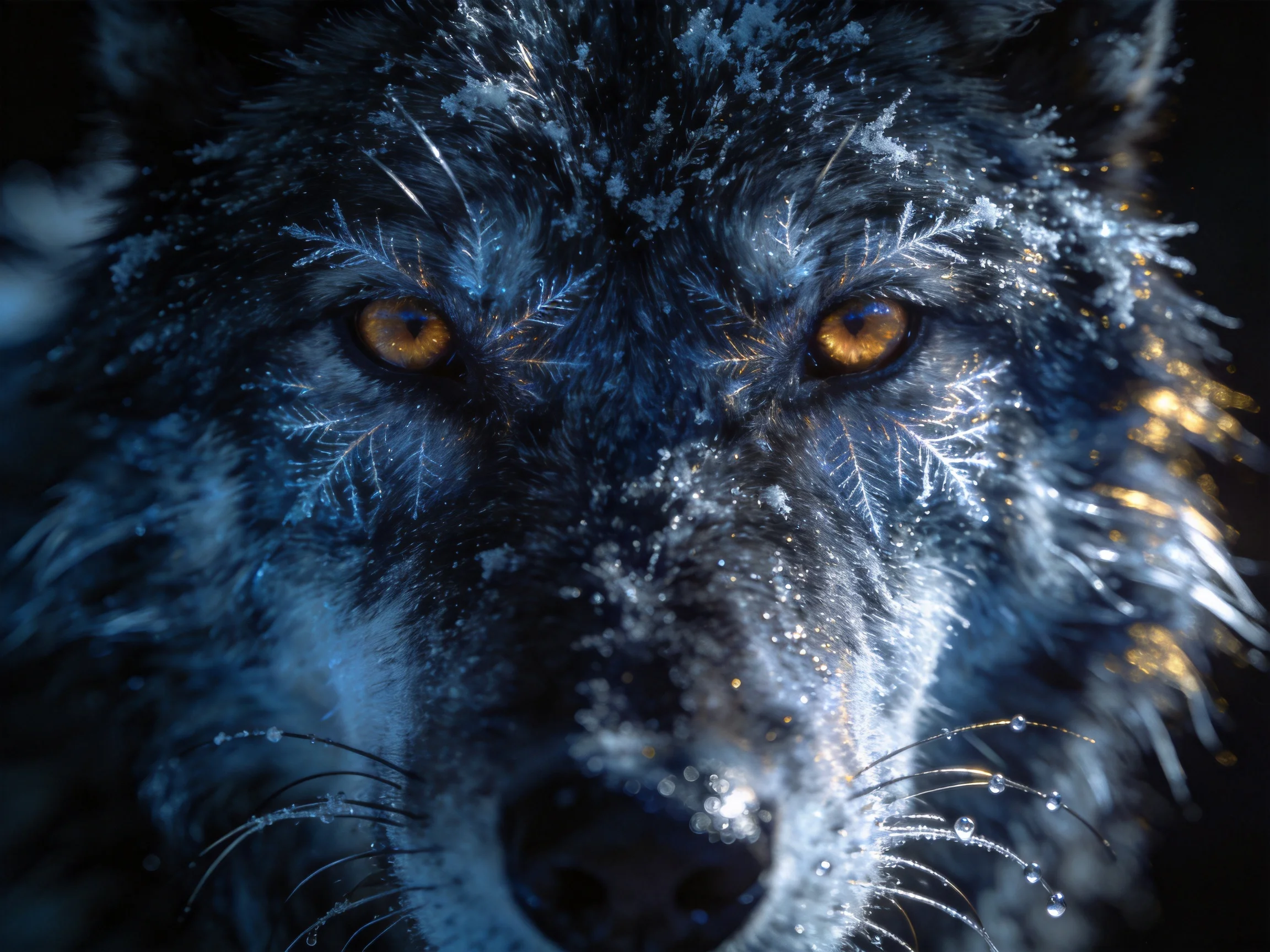 Frost-laden black wolf with glowing amber eyes