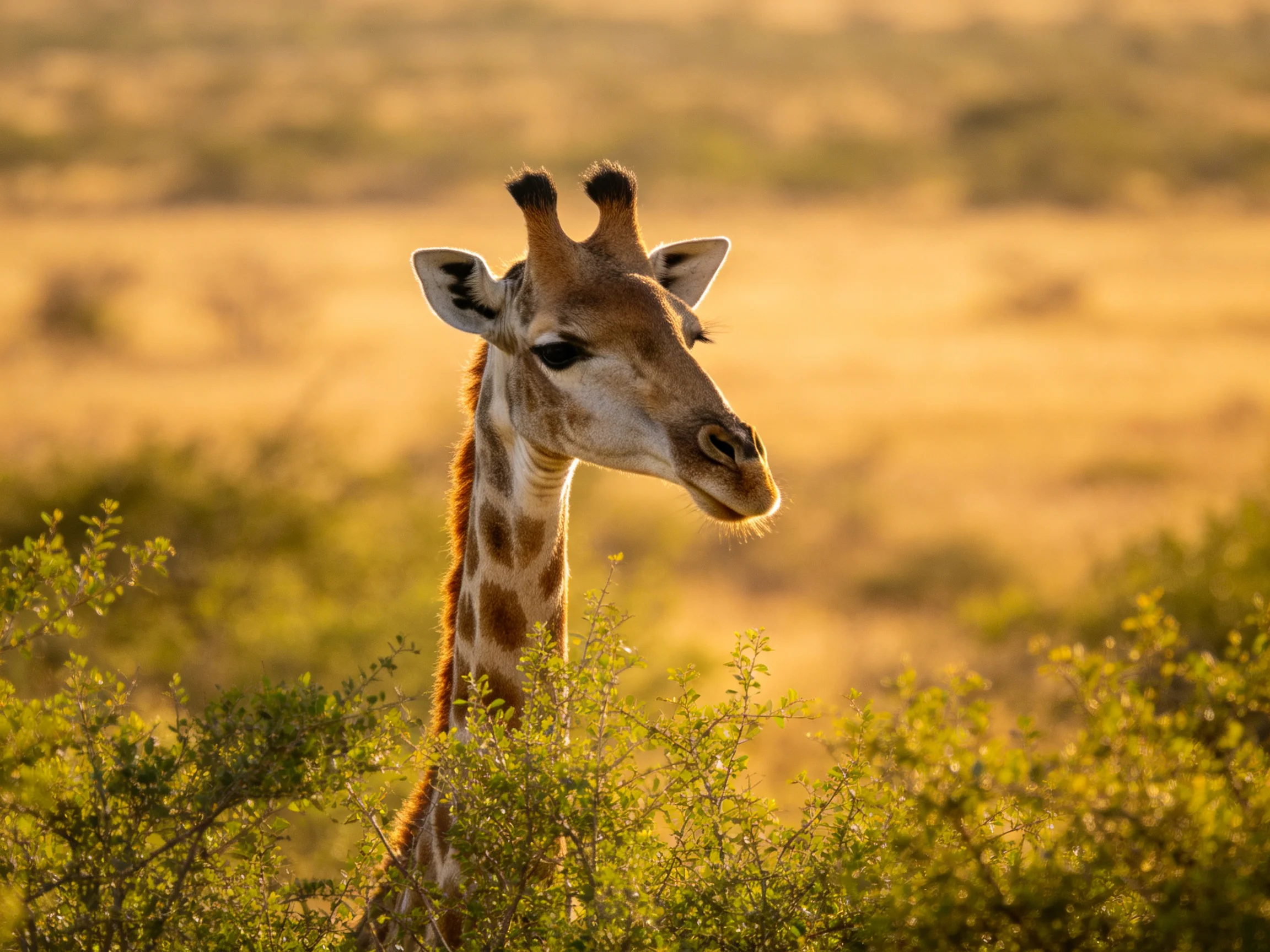 Giraffe amid golden savannah foliage under warm sunlight