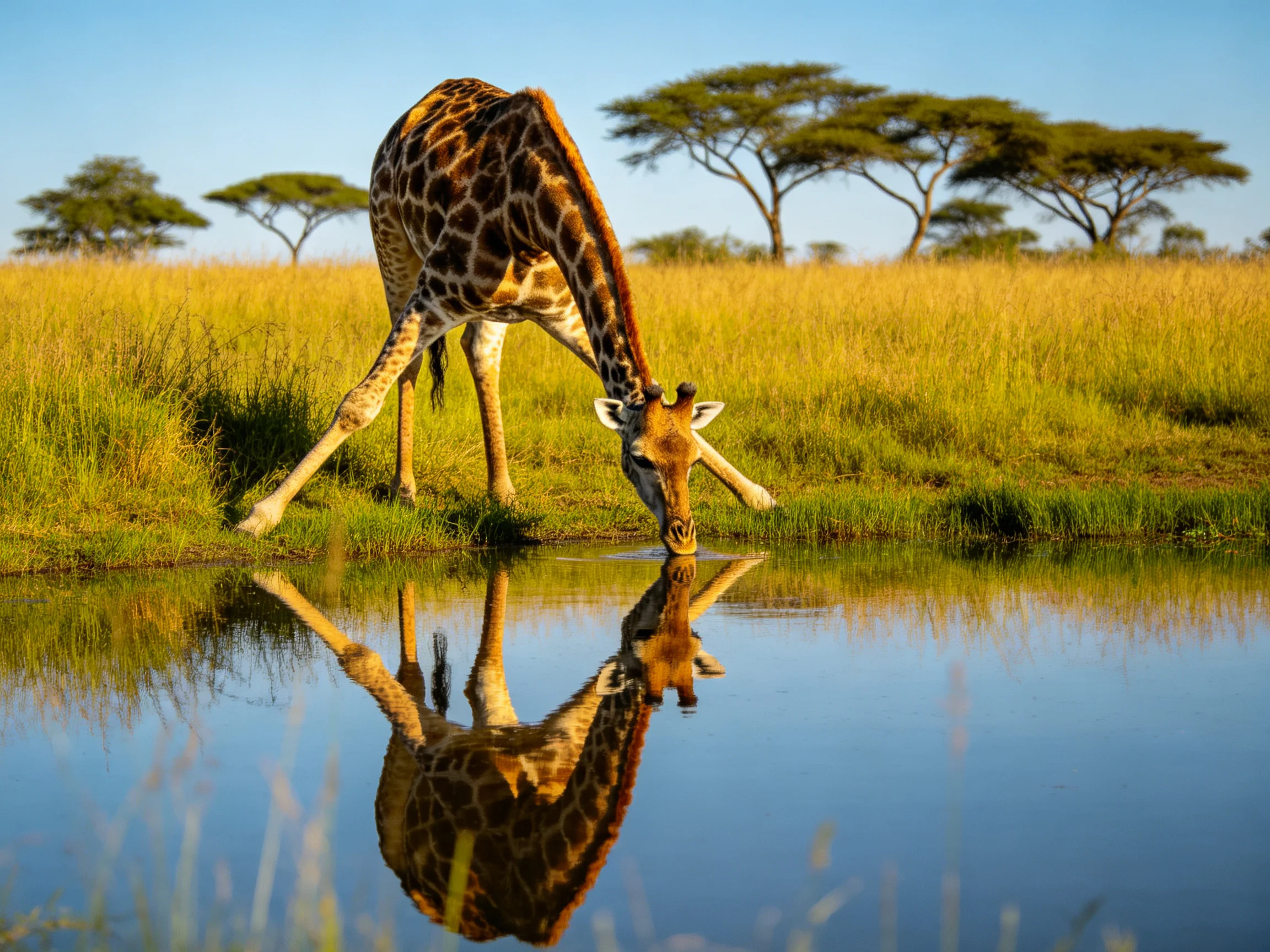 Giraffe drinks from water with reflection in golden savannah