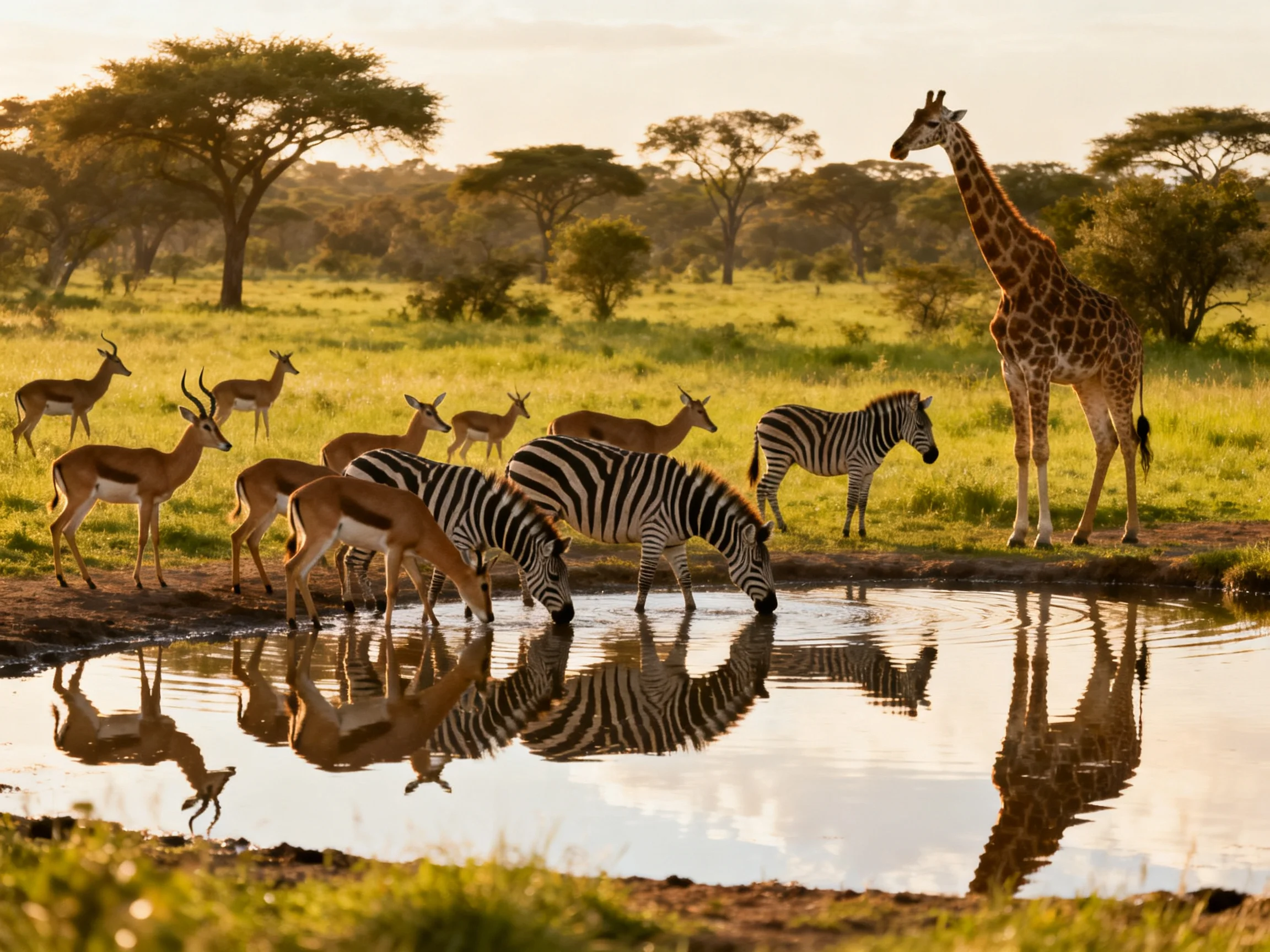 Giraffe observes zebras, antelopes drink at a sunlit waterhole