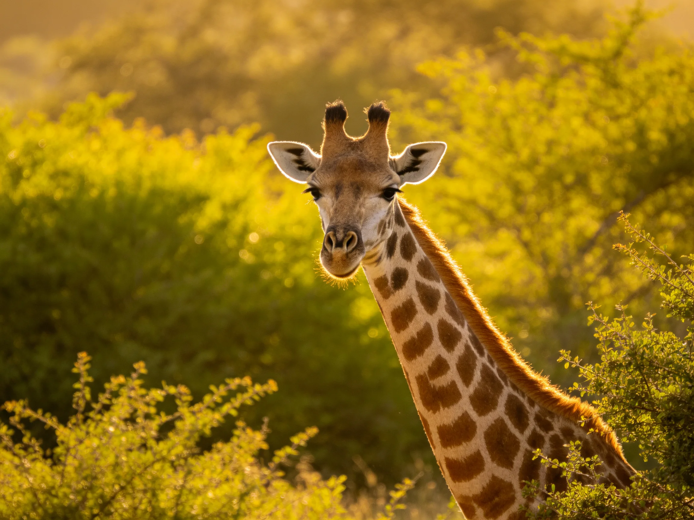 Giraffe with brown-spotted neck near dense green foliage in golden light