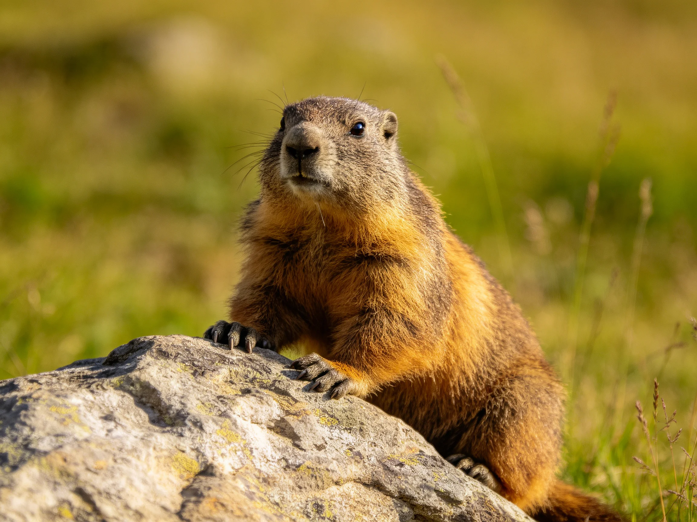 Golden-brown marmot perched on lichen-covered rock in sunlit meadow