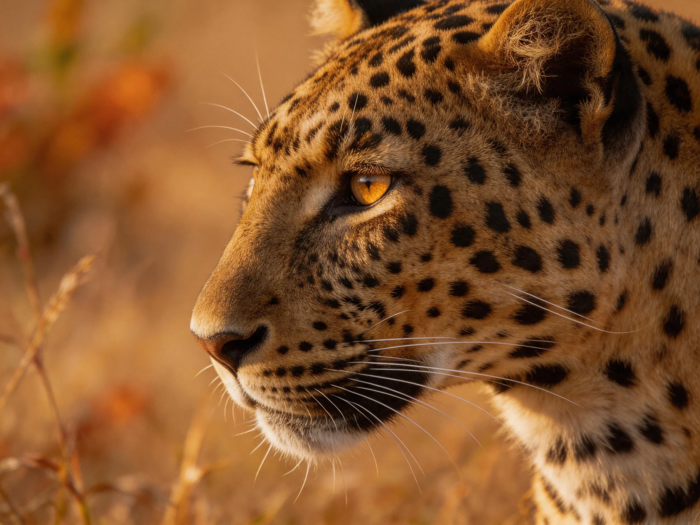 Golden-eyed leopard in sun-drenched savannah landscape