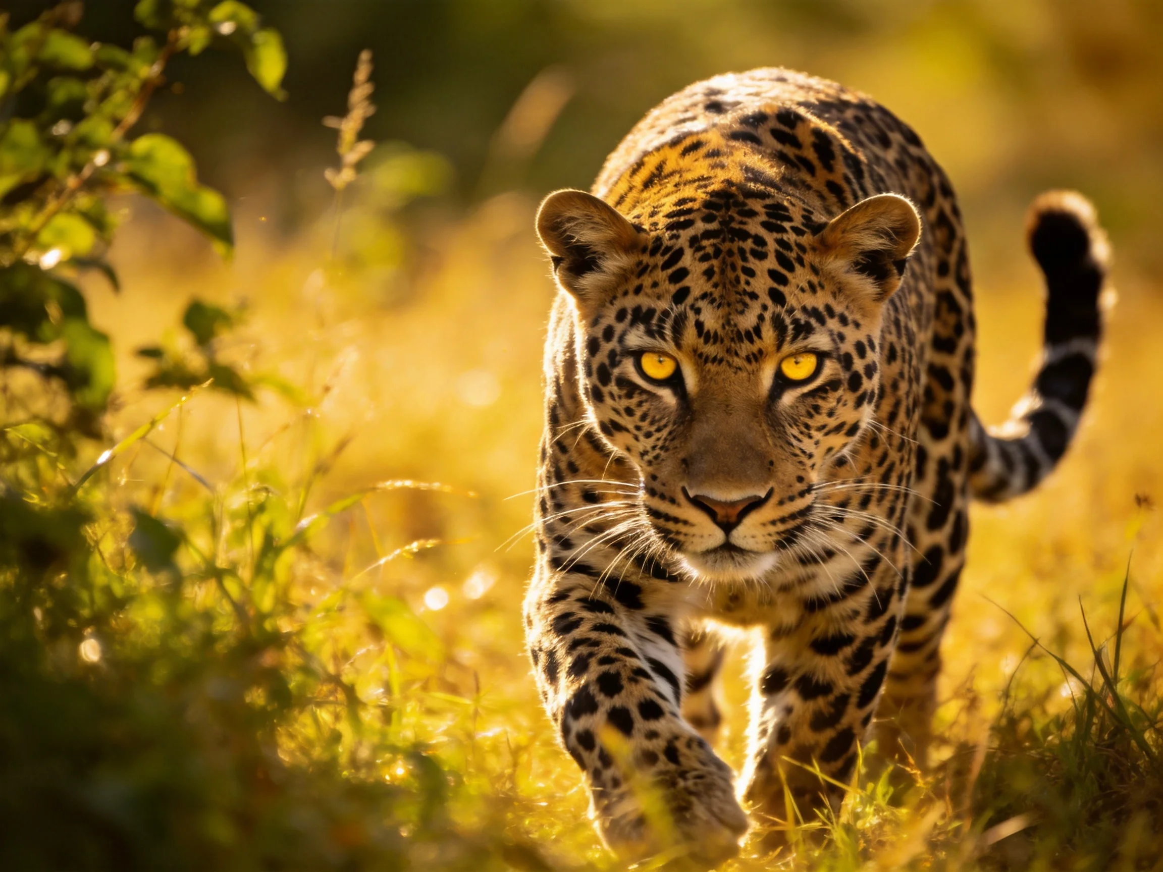 Golden-eyed leopard stalks through sun-drenched savannah grasses