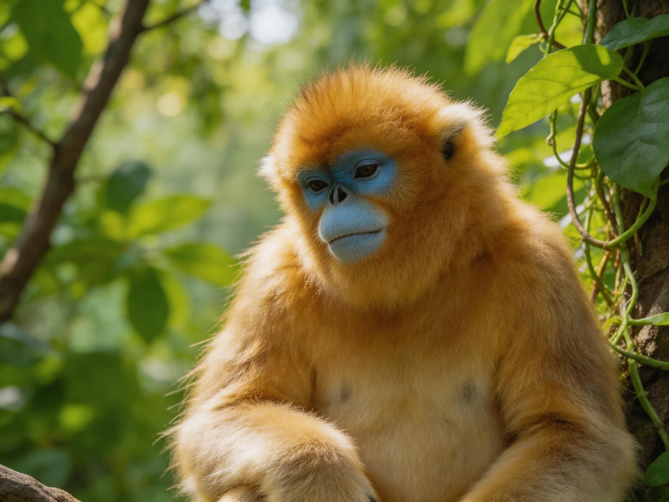 Golden-furred monkey with blue face in lush green forest